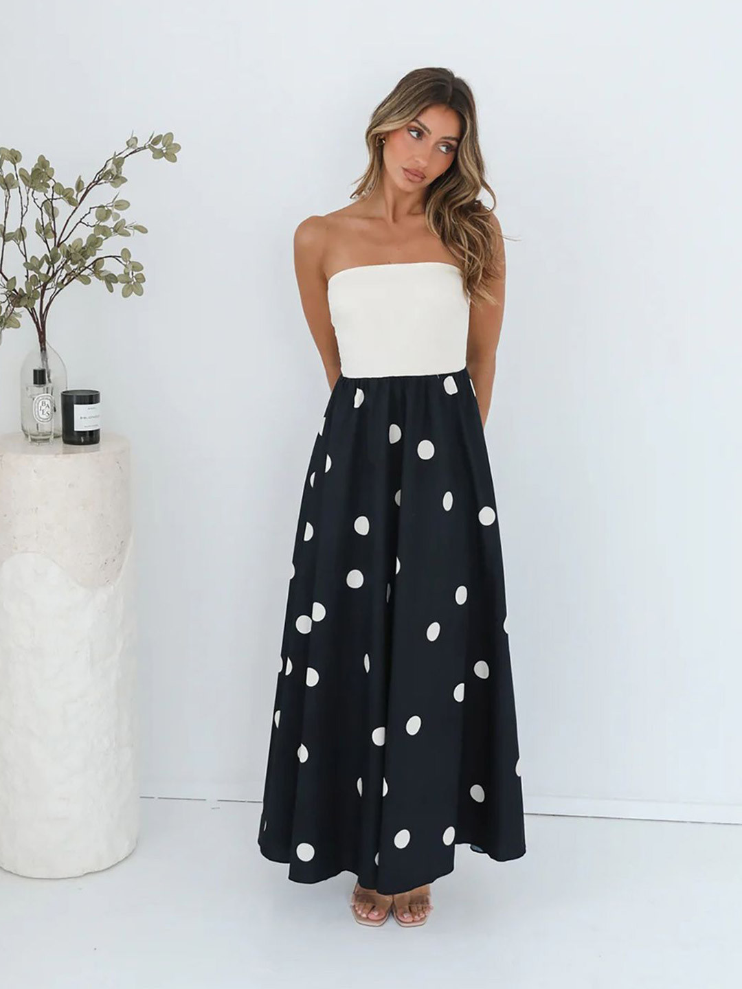 JC Mode Women Polka Dots Printed Off-Shoulder Casual Maxi Dress