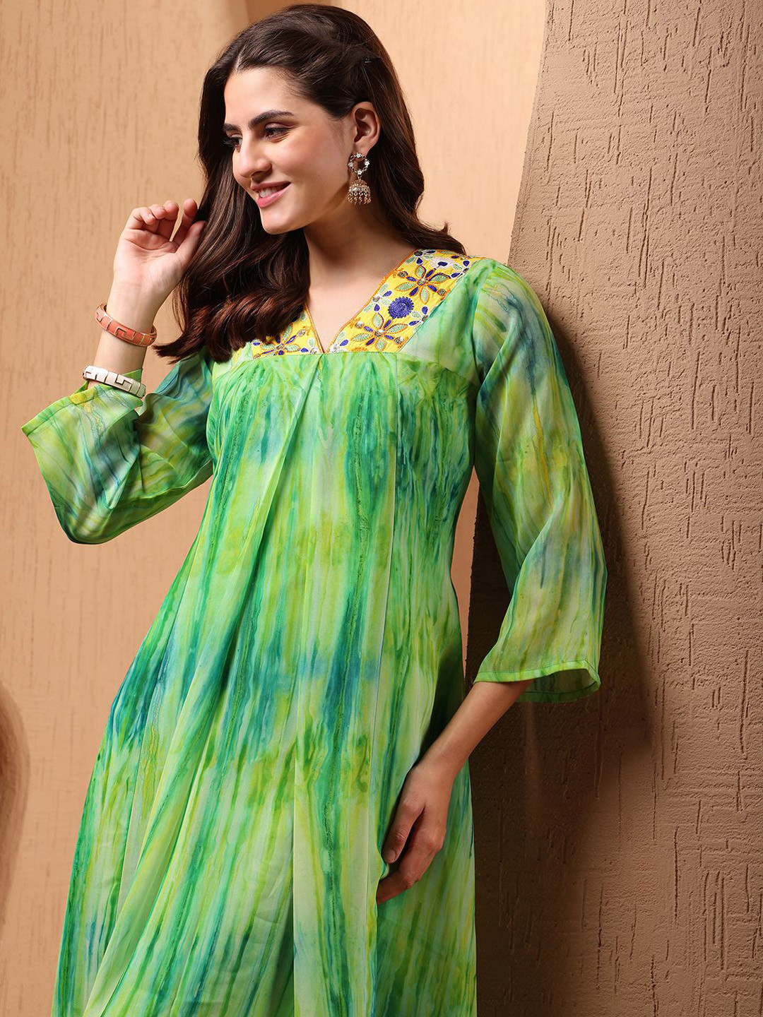 Sangria Women Georgette Tie & Dye and Embroiderey A-line Flared Kurta