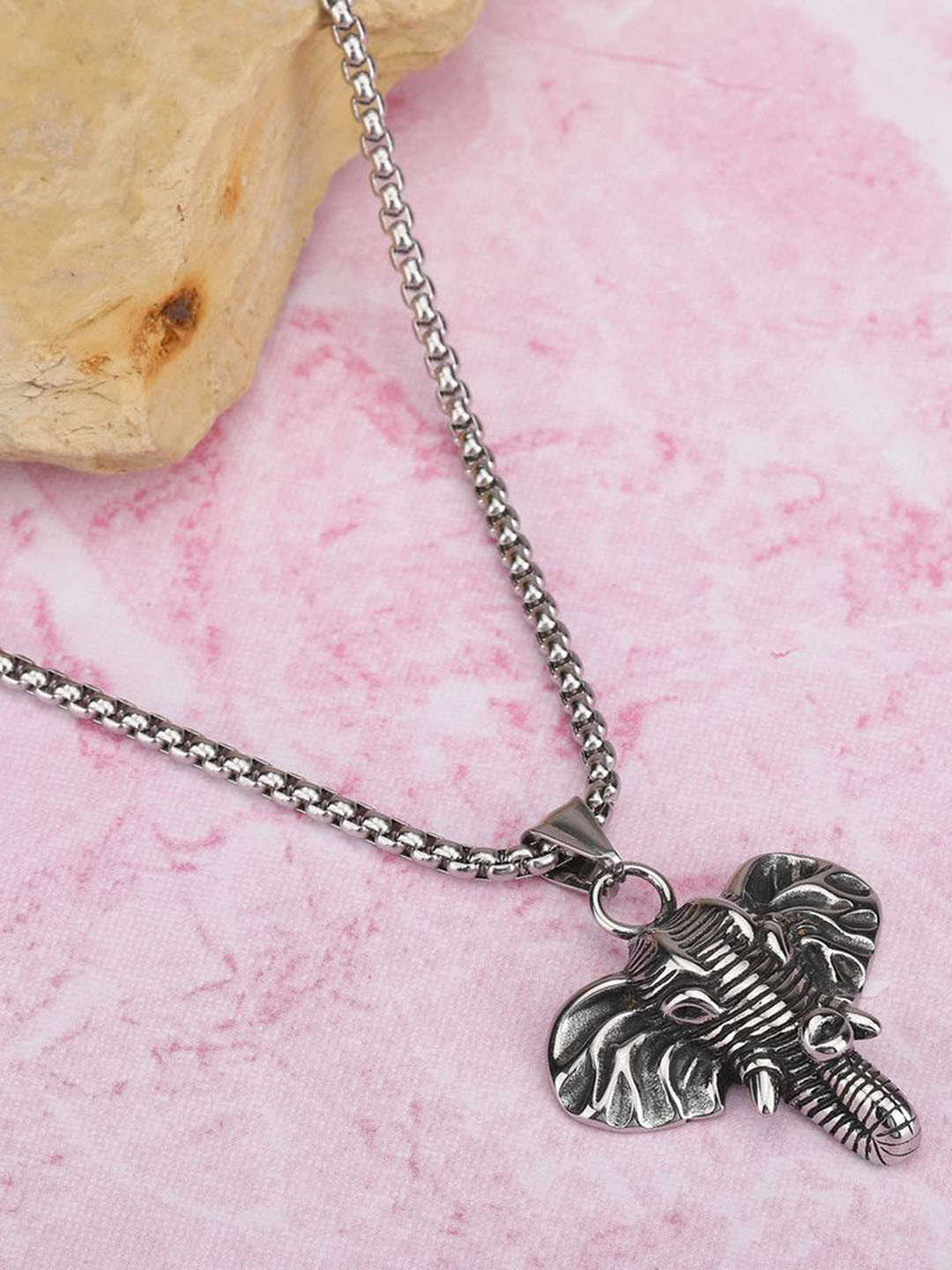 Thrillz Men Silver-Plated Stainless Steel Elephant Face Pendant With Chain