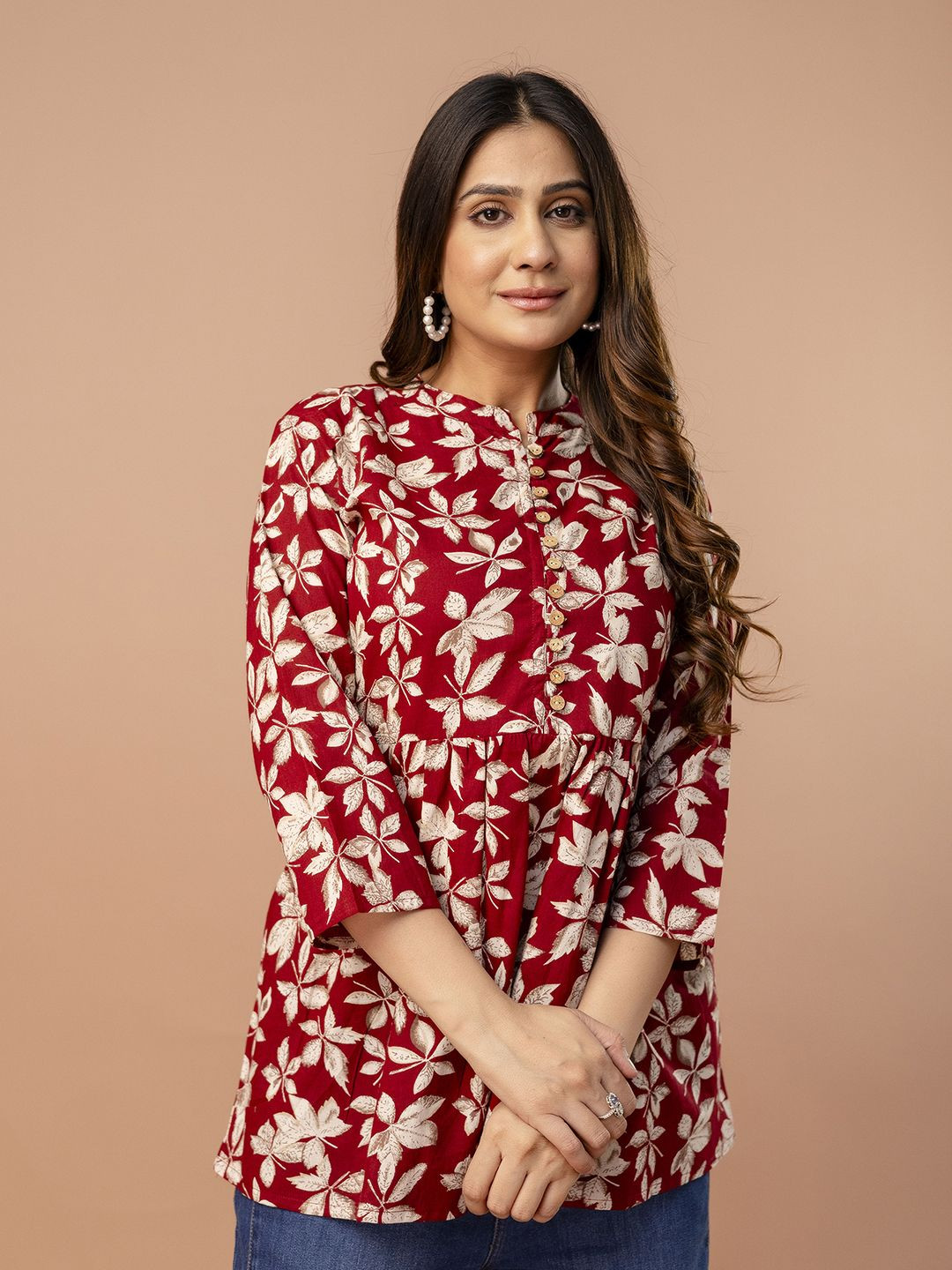 FERANOID Women Floral Printed Mandarin Collar Pure Cotton Kurti