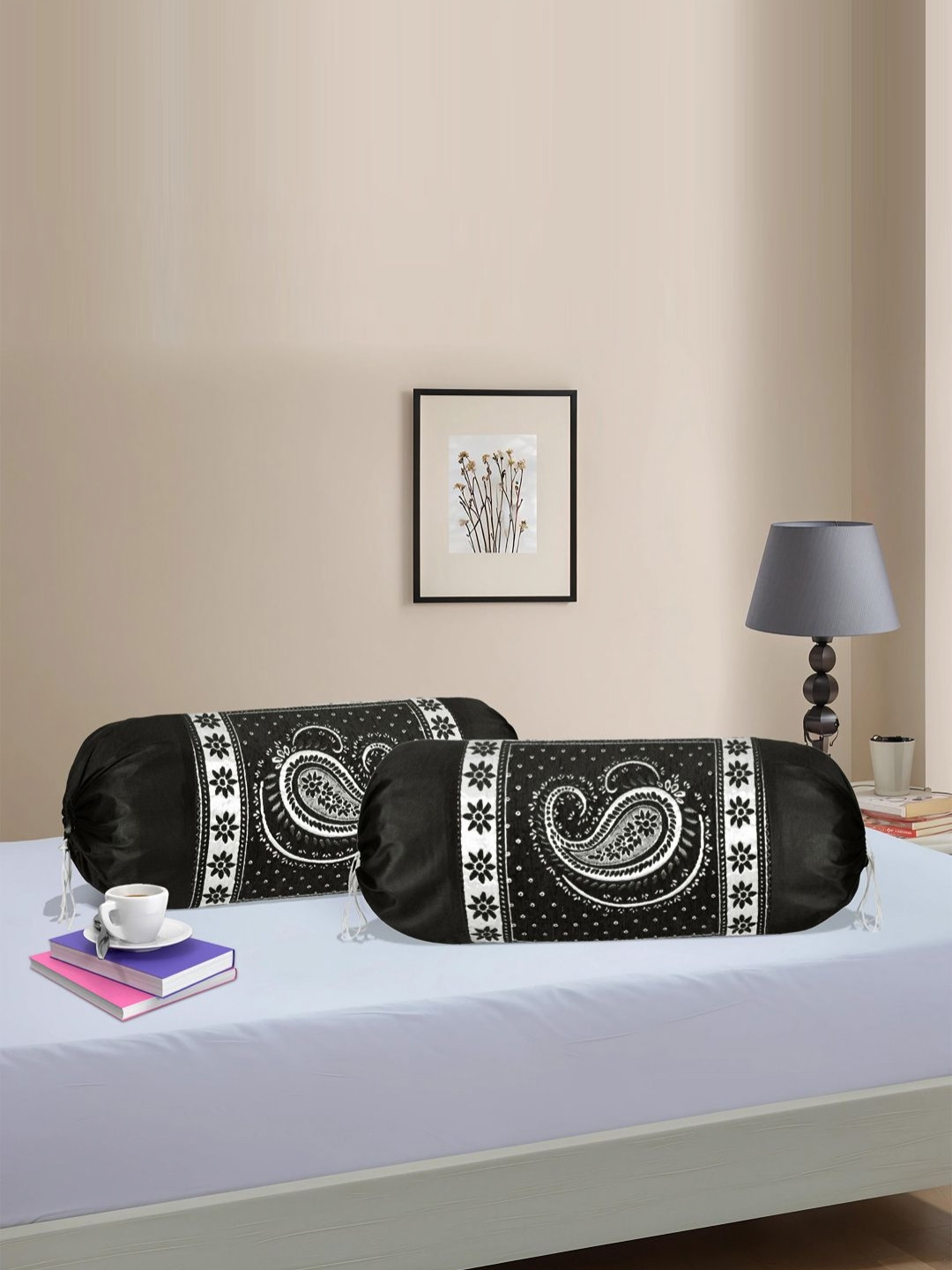 Myntra Elegant Homes 2-Pcs Black Bolster Pillow Cover With Dori