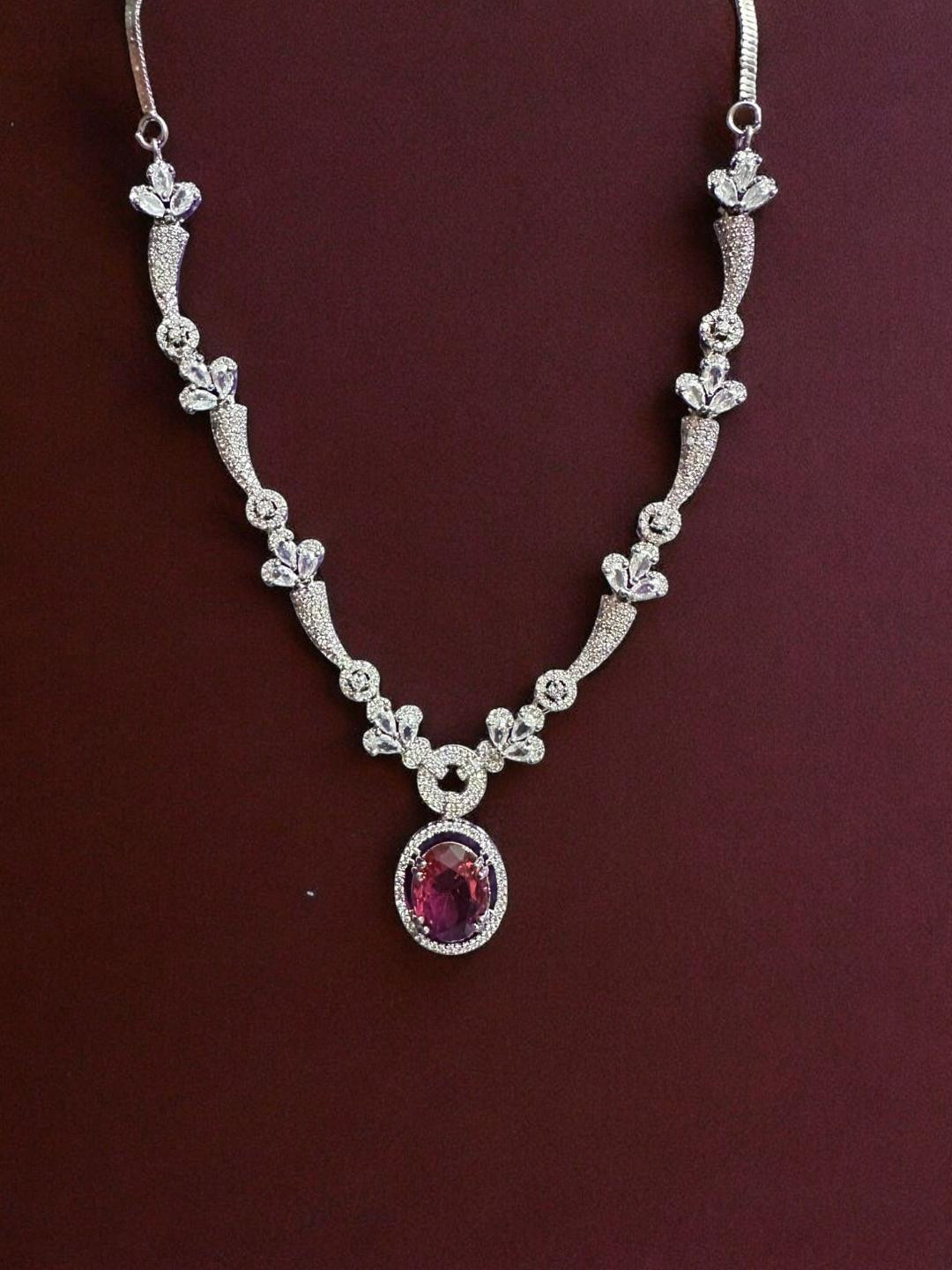 Anouk Rhodium-Plated Red Crystal Stone Studded Necklace with Earring