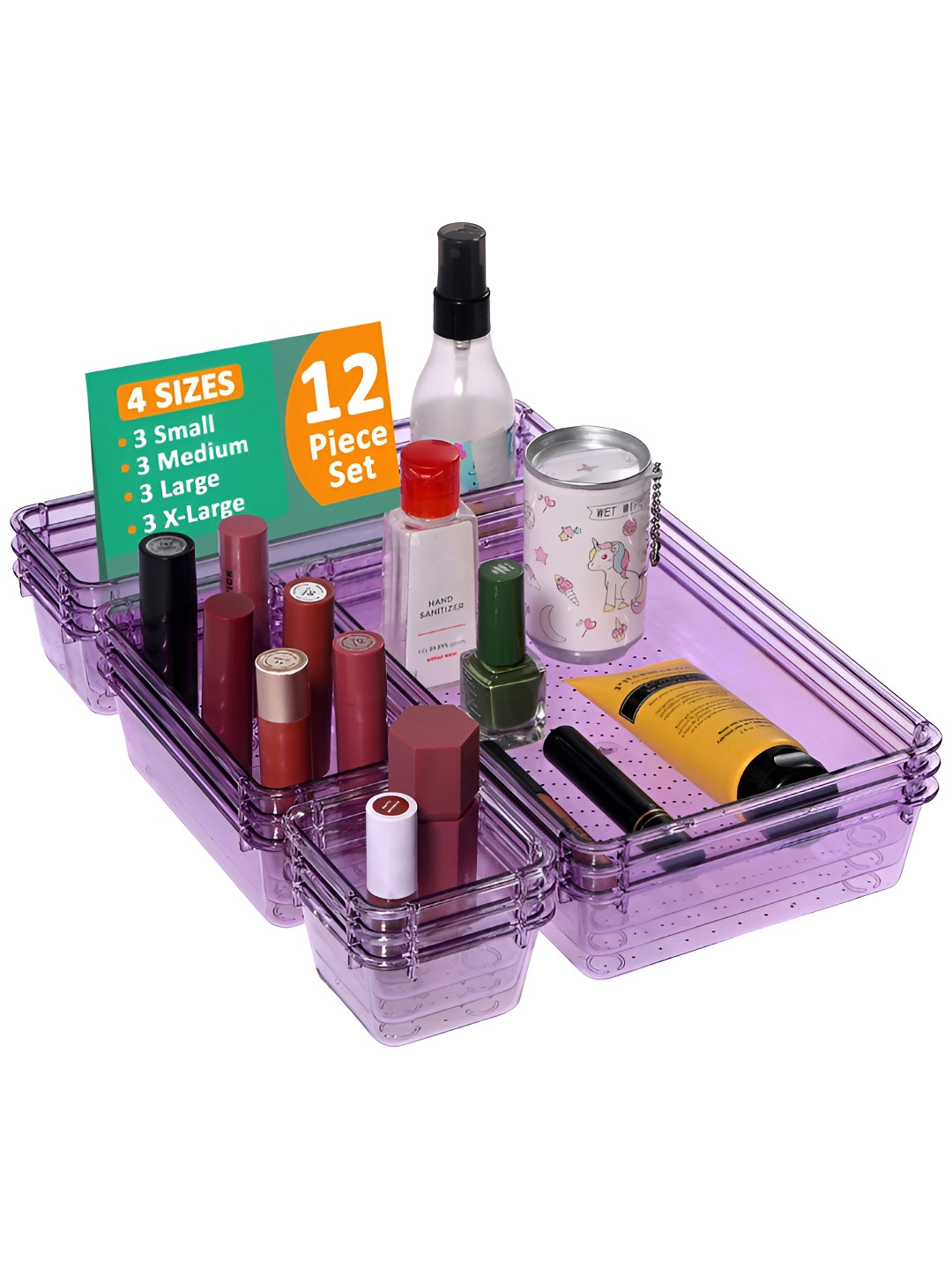 Aura Set of 12 Purple Acrylic Transparent Vanity Box Cosmetic Makeup Organiser