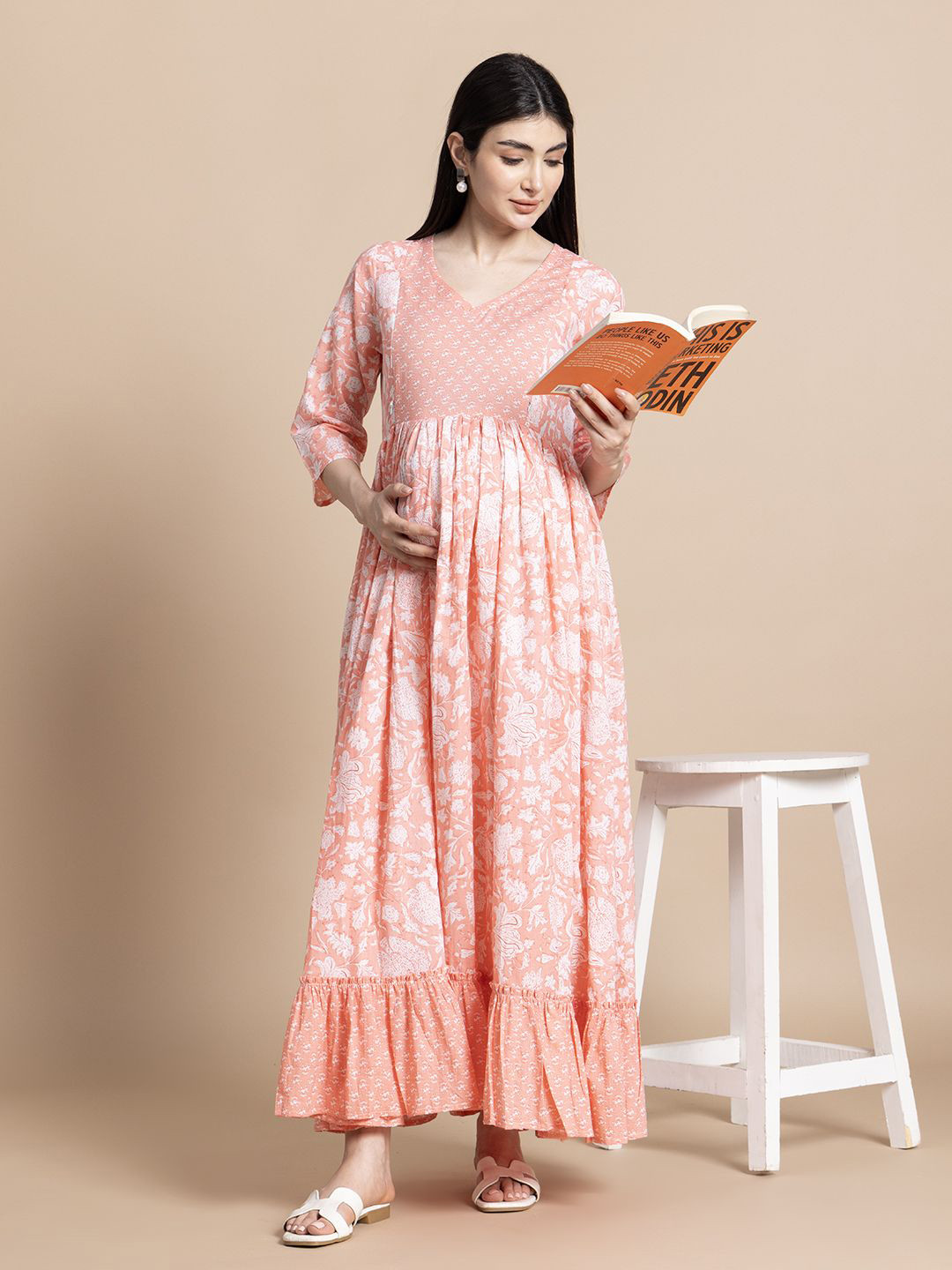 Peach Floral Print Maternity Maxi Dress