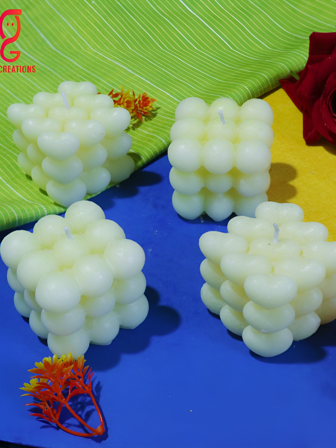 Aura Handmade Heart Cube and Bubble 4Pcs Scented Solid Square Regular Pillar Candles