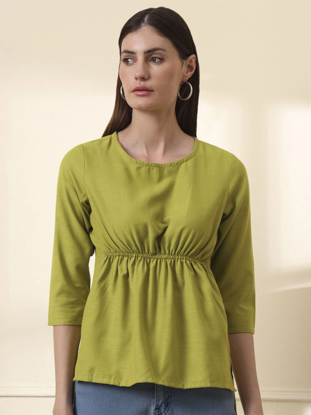 all about you Women Solid Gathered or Pleated Linen Regular Top