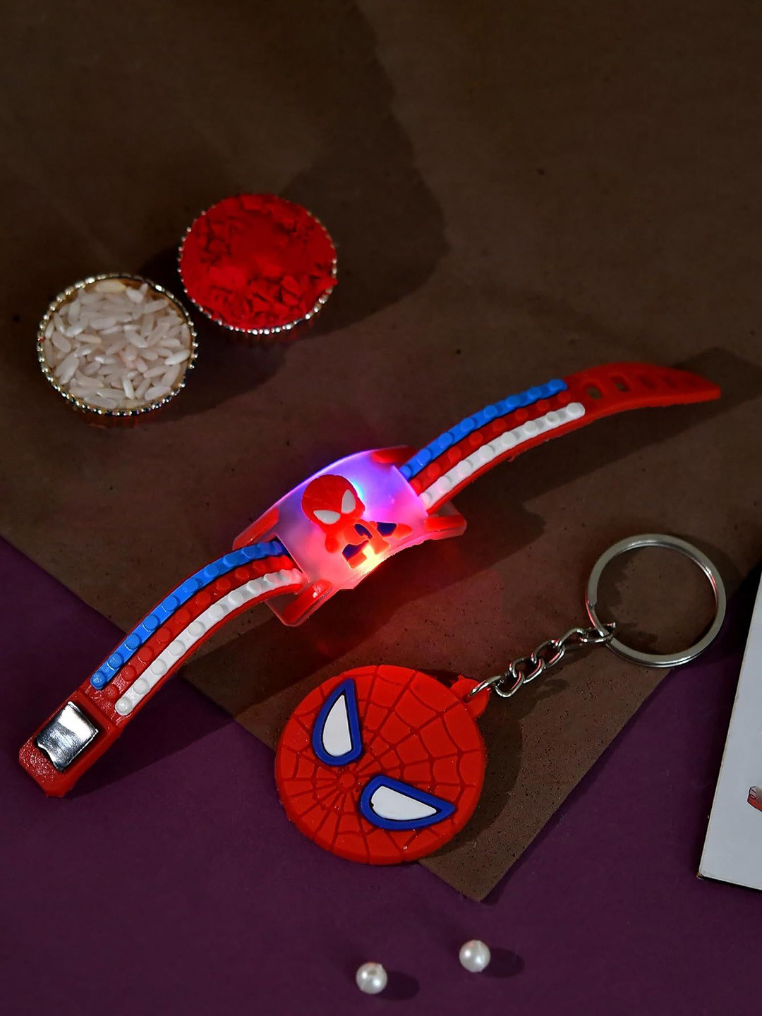 Ascension Set of 2 Sipderman Bracelet Rakhi With Key Chain & Roli Chawal