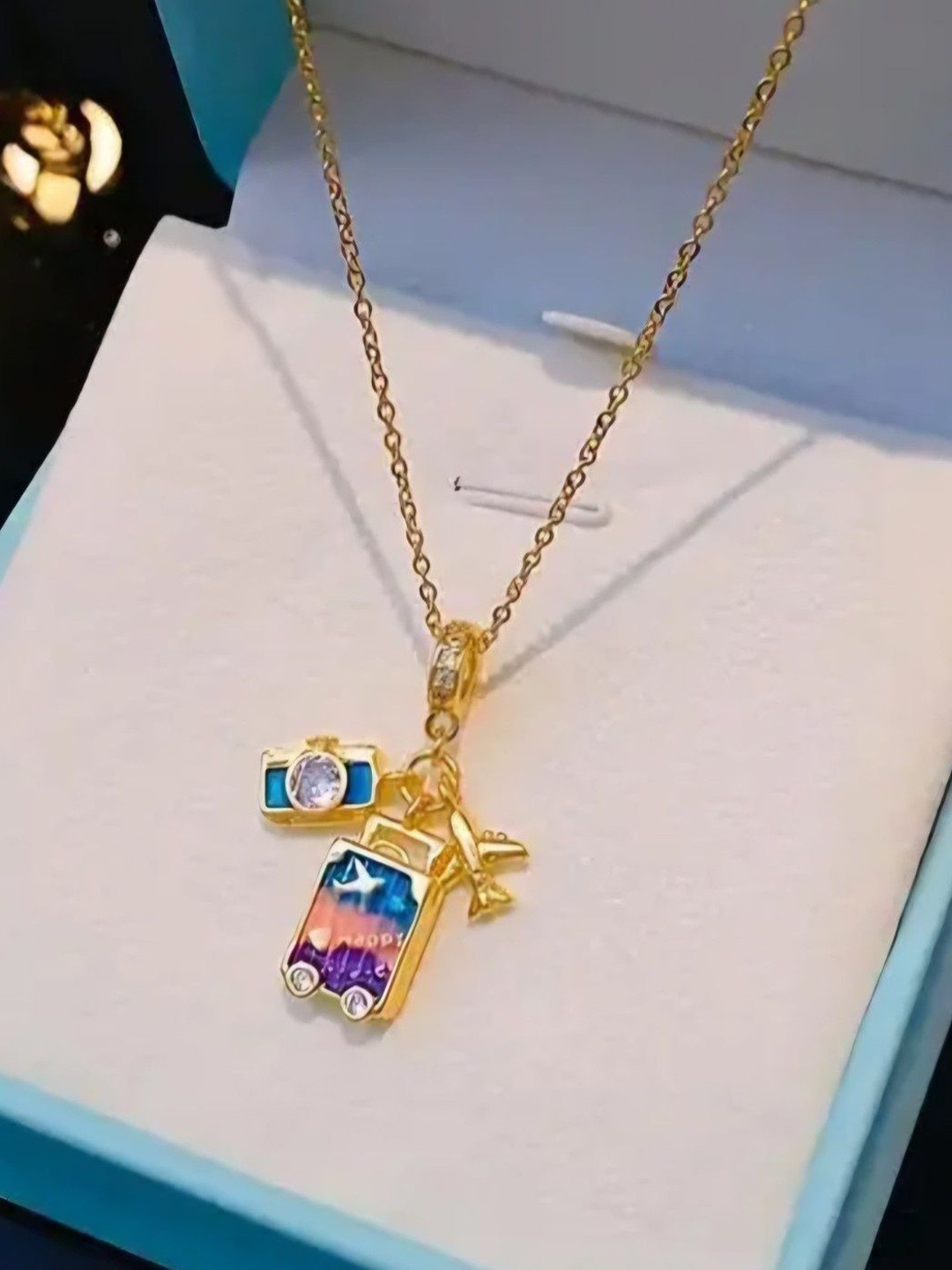 Brijsun Gold-Plated Stone-Studded Travel-Themed Charm Pendant With Chain