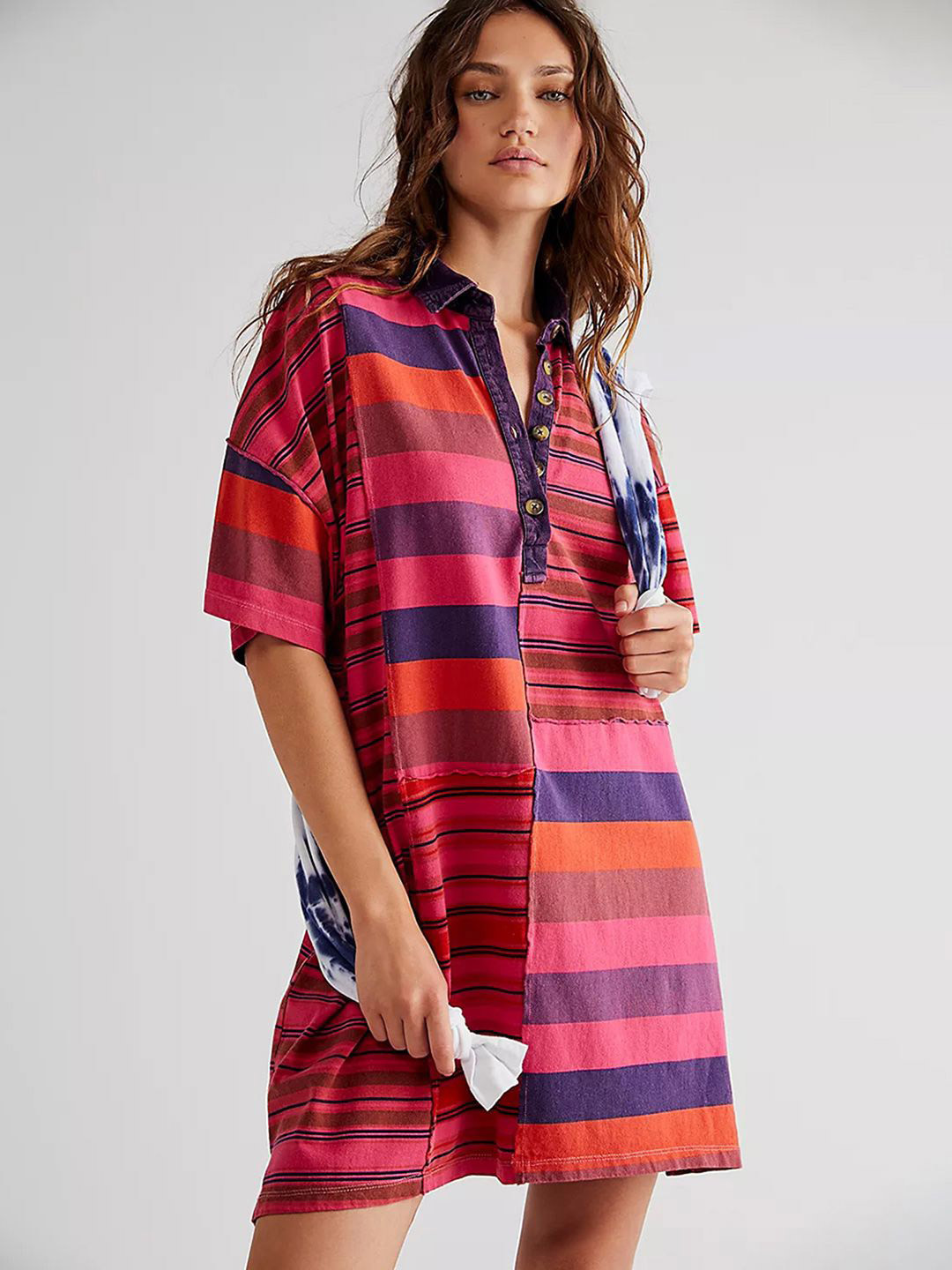JC Mode Women Striped Shirt Collar Casual Shirt Dress