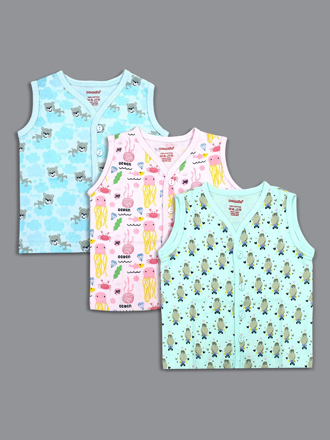 Born Babies Infants Pack Of 3 Printed Cotton Sleeveless Front Open Jhabla Vests CBPSB