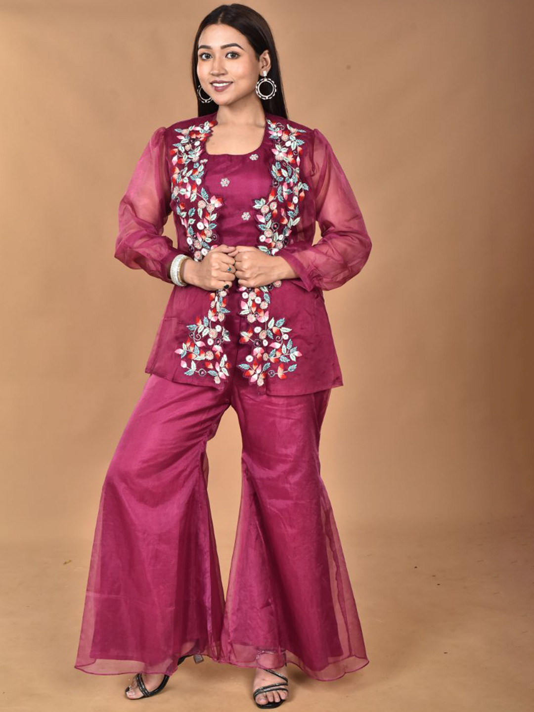 Morchari embroidery Round-Neck Top Jacket With Palazzos Co-Ords