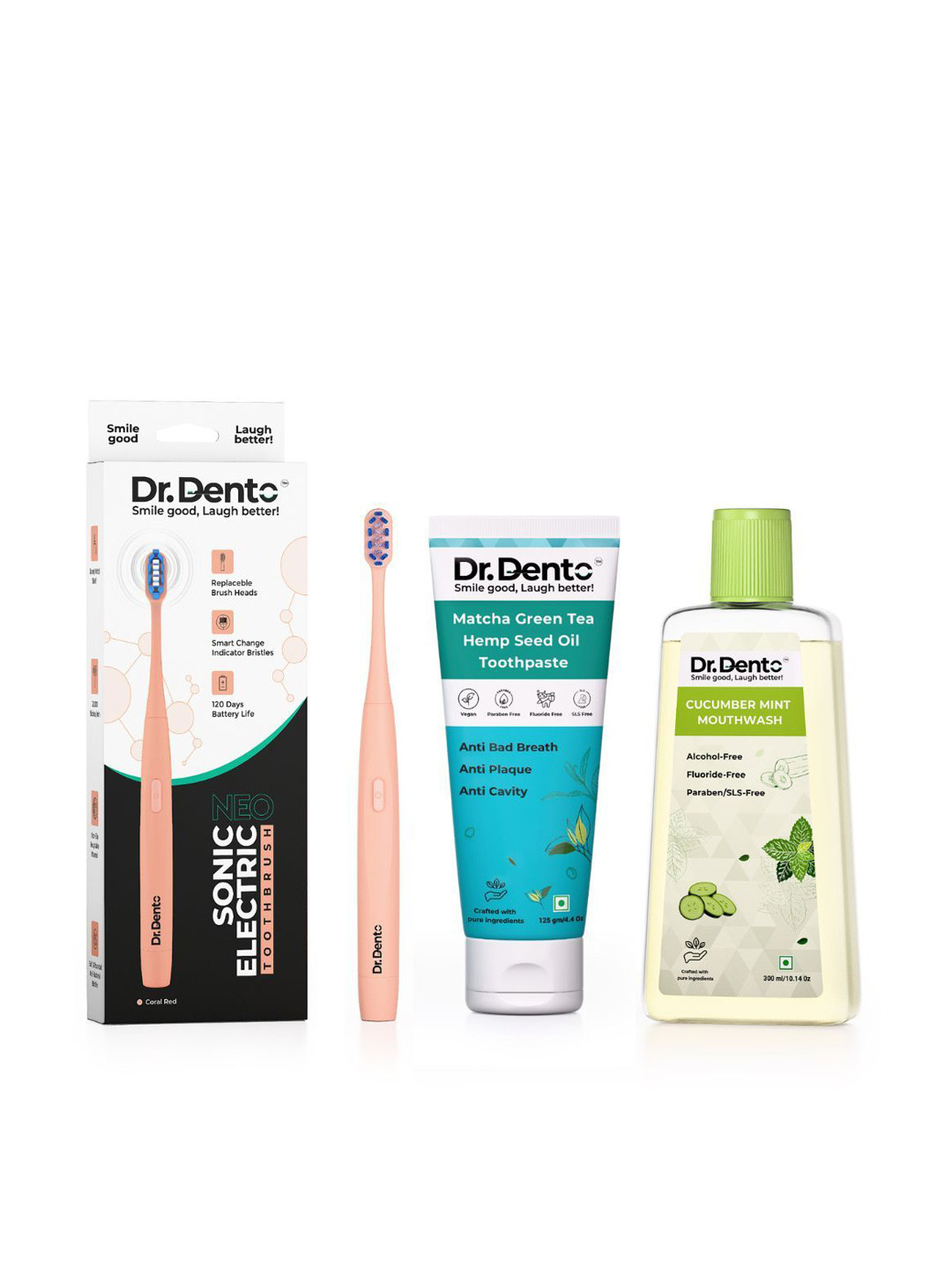 Dr. Dento Set of Matcha Toothpaste 125gm, Cucumber Mouthwash 300ml & Electric Toothbrush