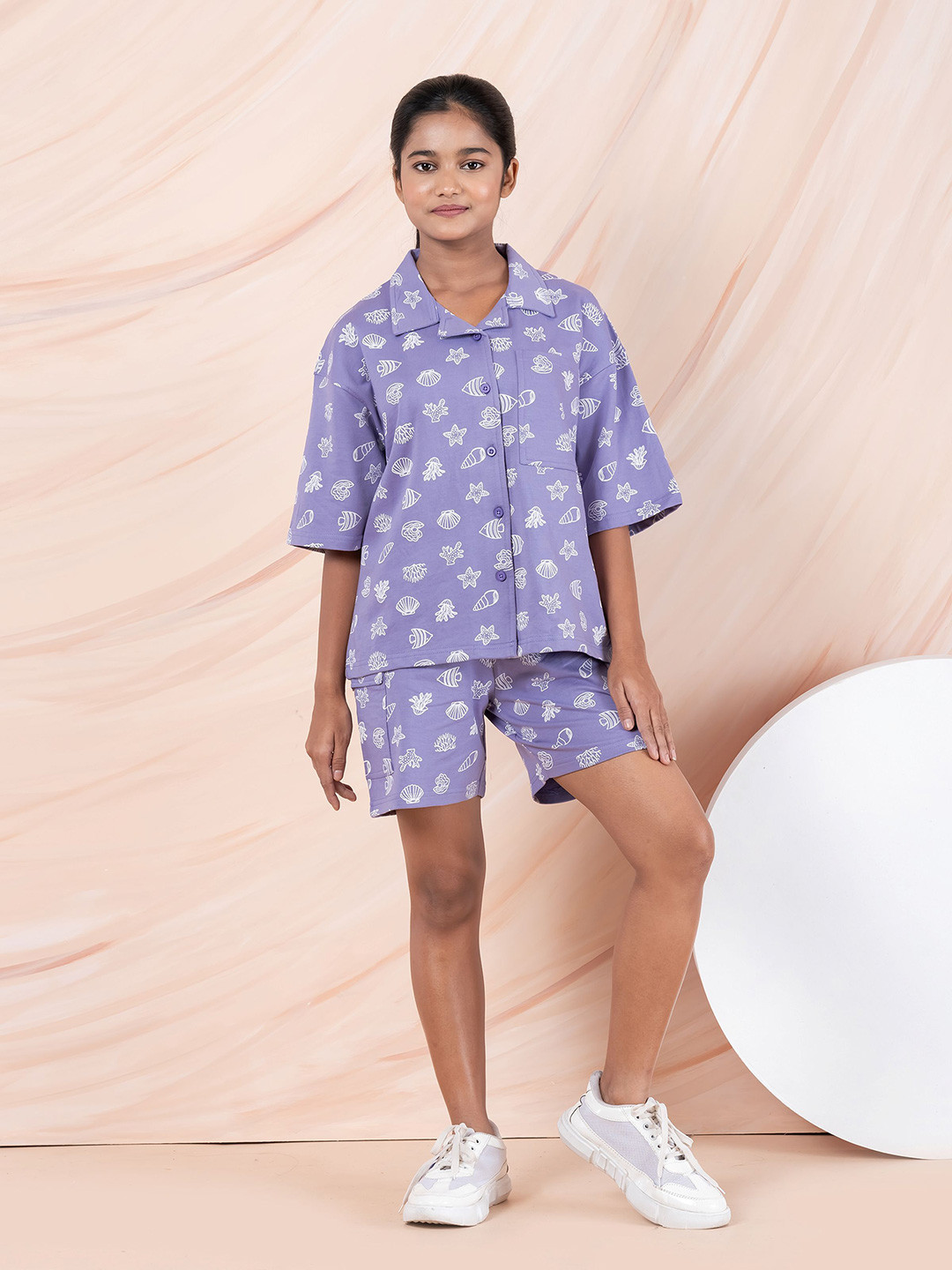 Taatoom Girls Abstract Printed Pure Cotton Shirt With Shorts
