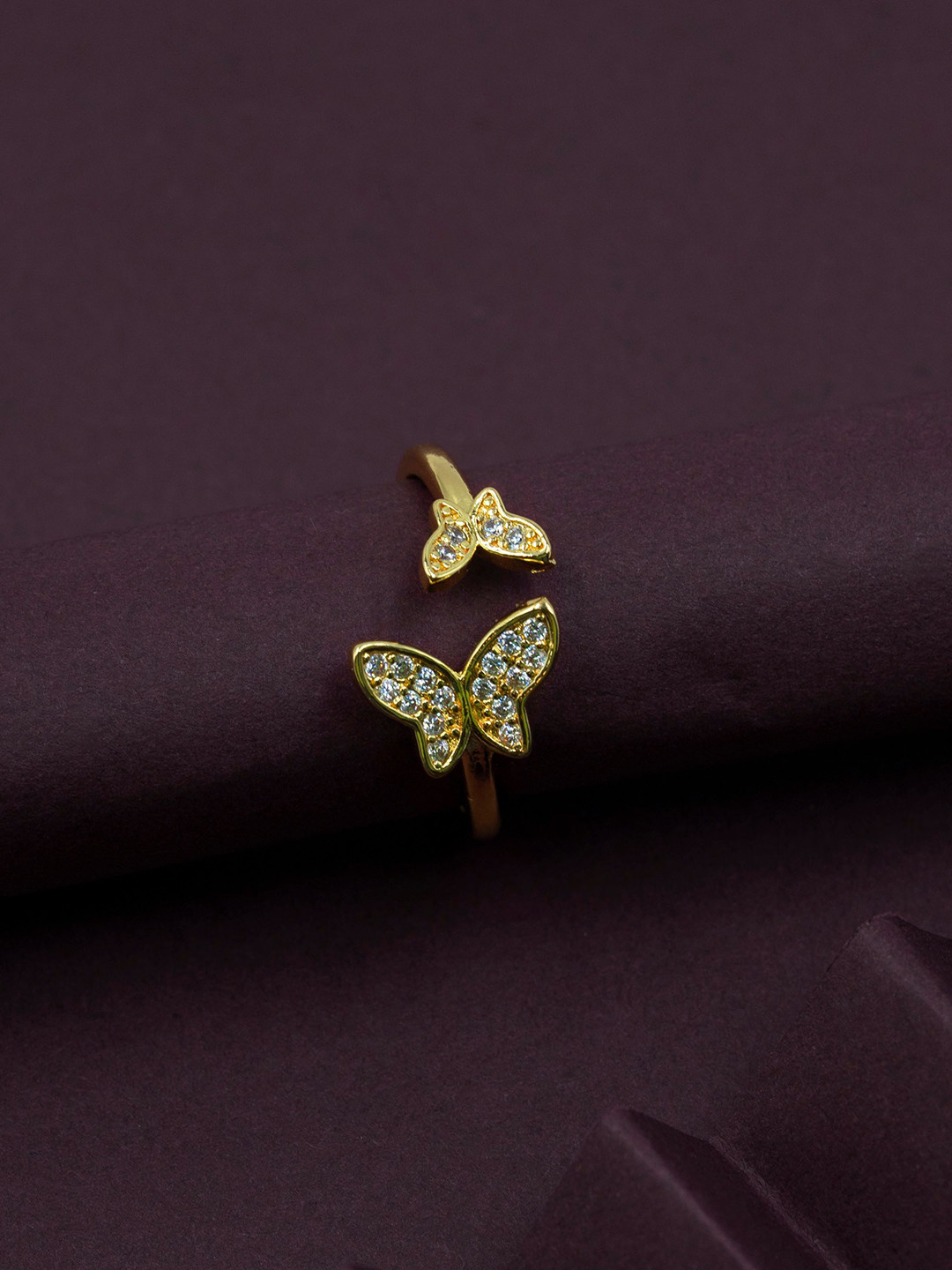 ARTKLIM Gold-Plated Butterfly Shaped American Diamond Studded Adjustable Finger Ring