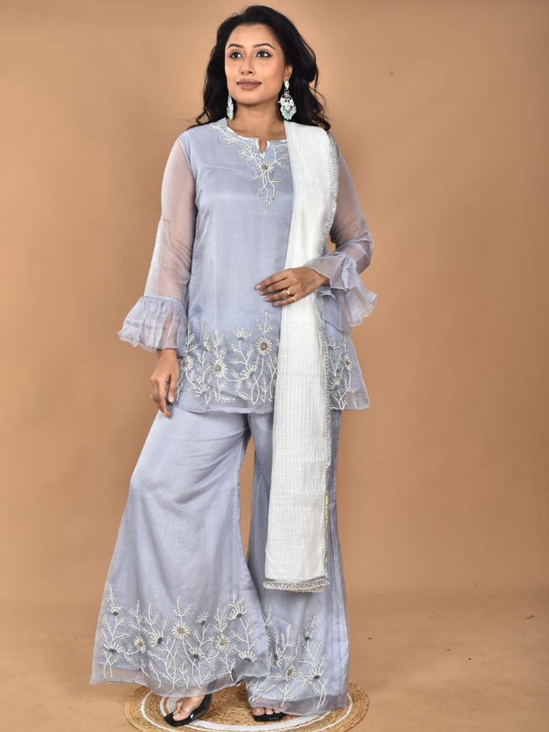 Machari Embroidered Top With Palazzos & Dupatta Co-Ords