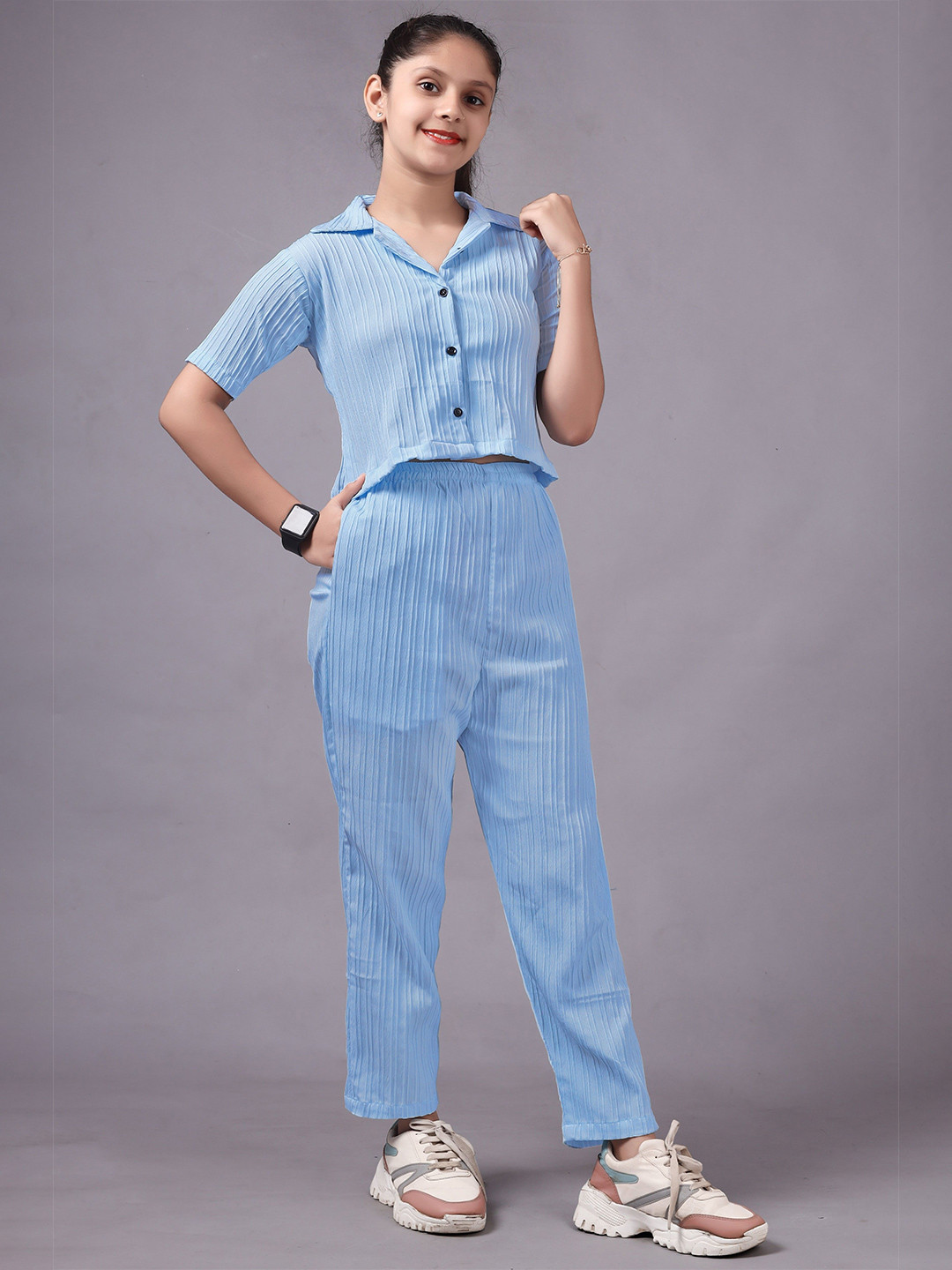 kachhot Girls Self Design Spread Collar Shirt With Trousers