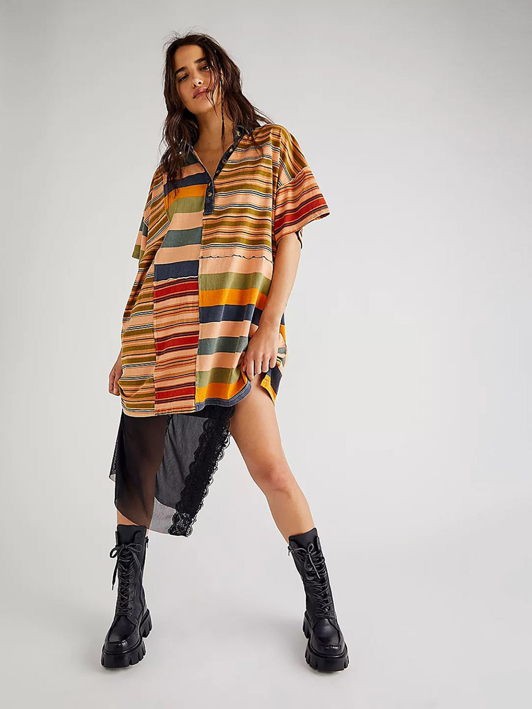JC Mode Women Striped Shirt Collar Casual Shirt Dress
