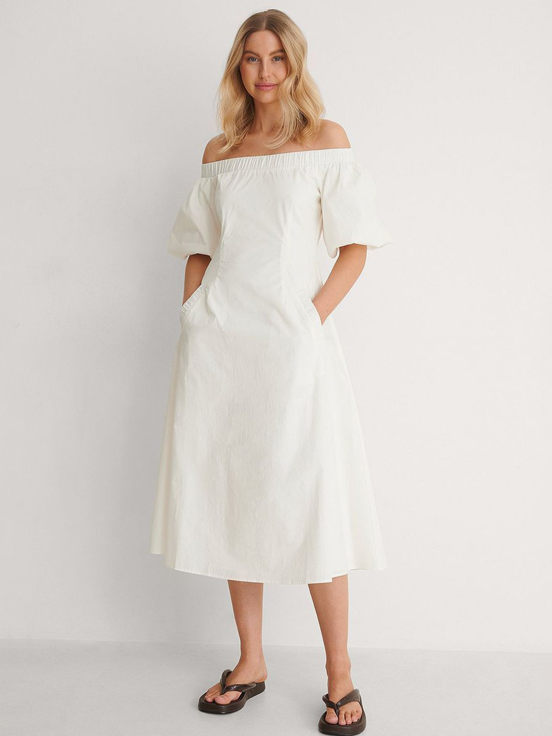DressBerry Women Solid Off-Shoulder Casual Fit and Flare Dress