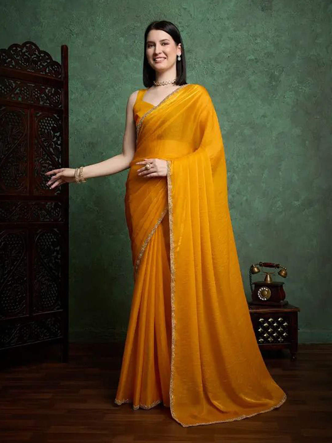 VRAGI Solid Beads and Stone Pure Chiffon Saree