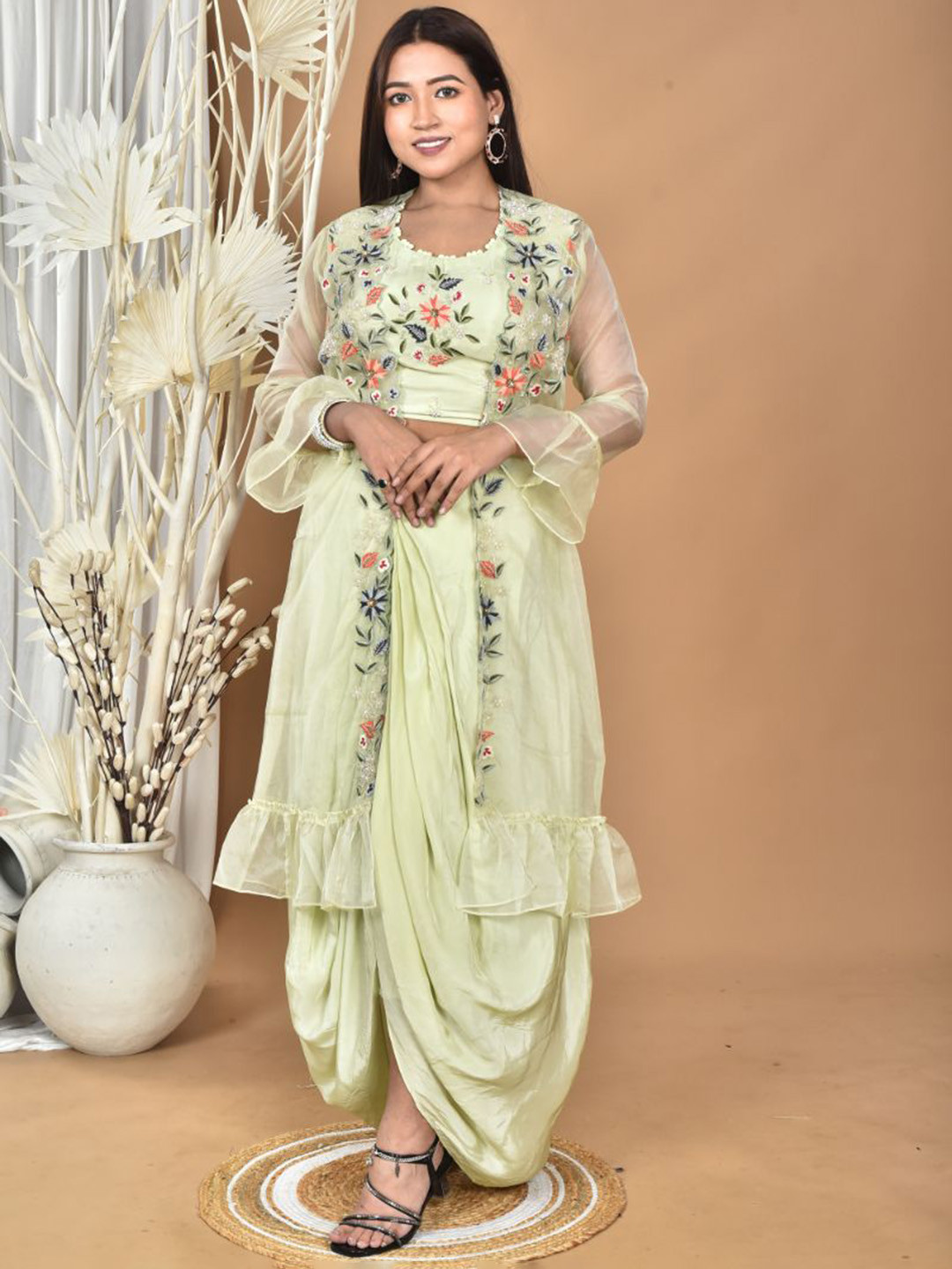 Morchari Embroidered Round Neck Crop Top & Jacket With Skirt Co-Ords