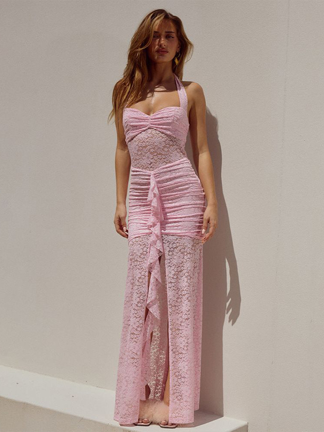 MIAKEE Women Self Design Ruffles Ruched Halter Neck Maxi Dress