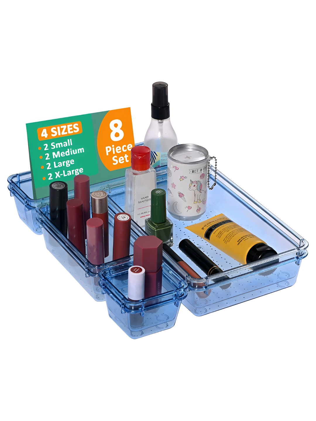 Aura 8 Pcs Blue Acrylic Transparent Vanity Box Cosmetic Makeup Organiser