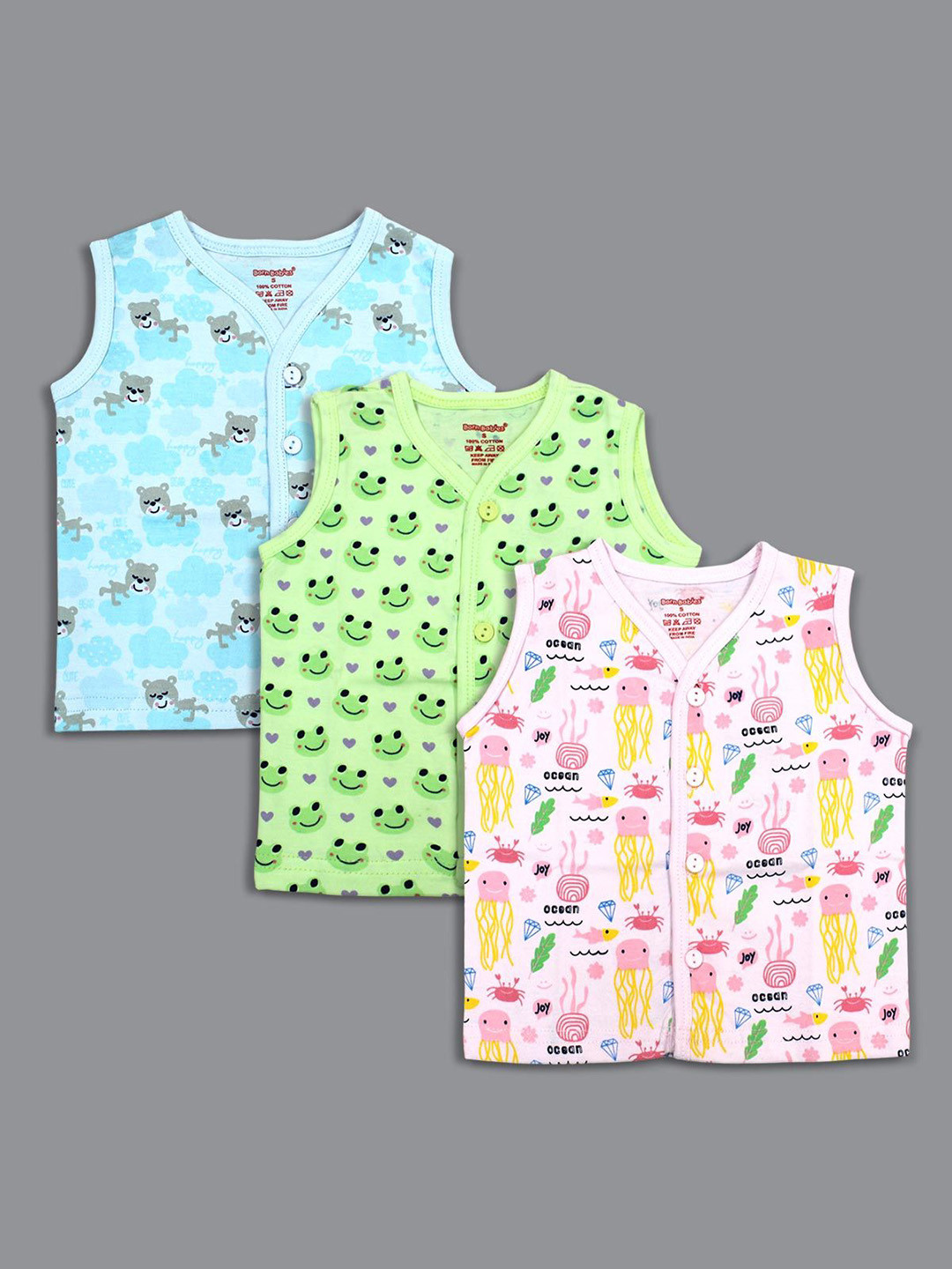 Born Babies Infants Pack Of 3 Printed Cotton Sleeveless Front Open Jhabla Vests CGPSB