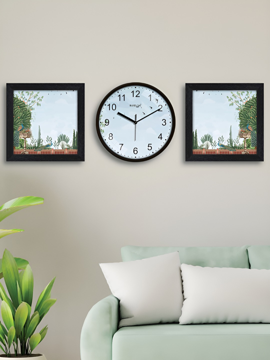 RANDOM White & Green Printed Traditional Wall Clock With 2 Photo Frames