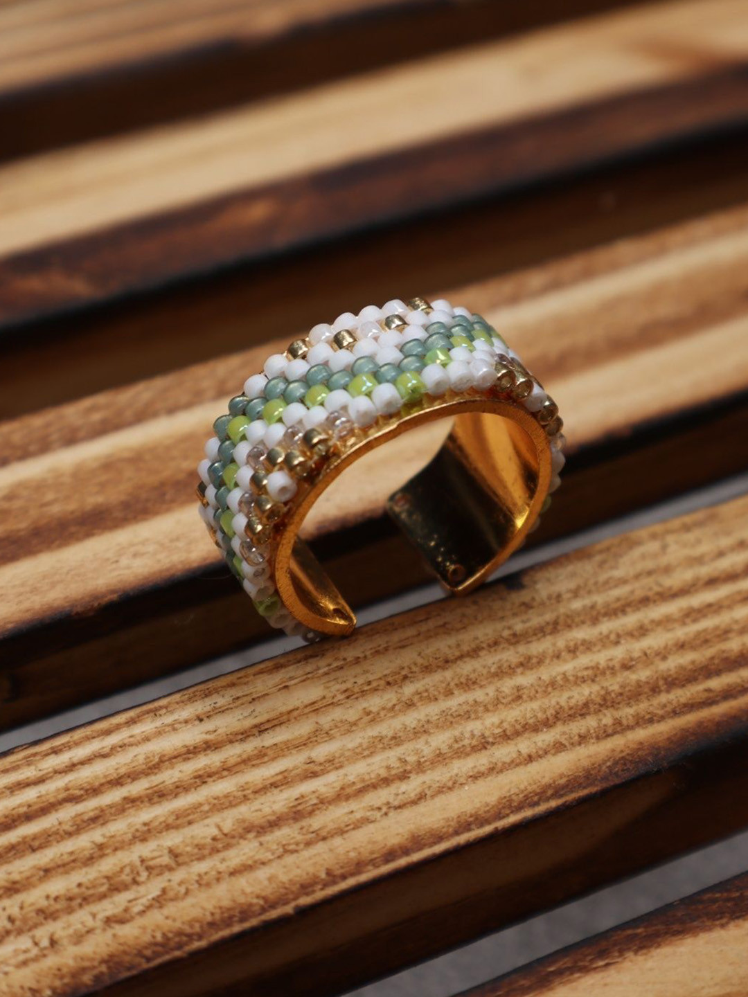 Threads & Beads Gold-Plated Green Flag Beaded Adjustable Finger Ring