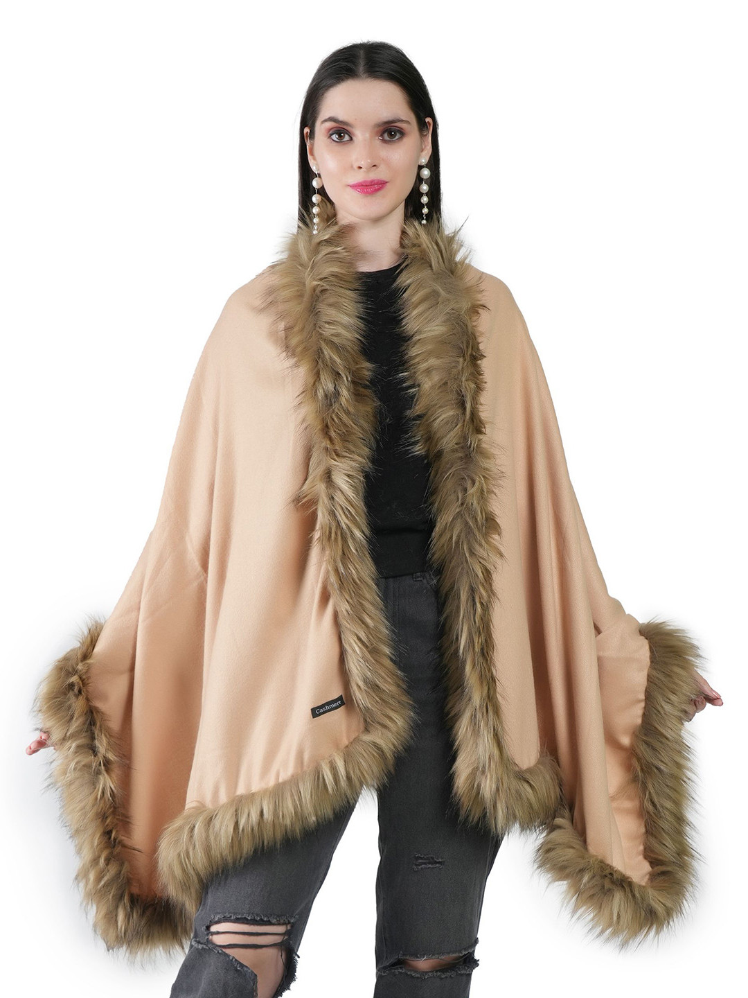 Manra 4 Side Fur Tasselled Woolen Winter Shrug Shawl
