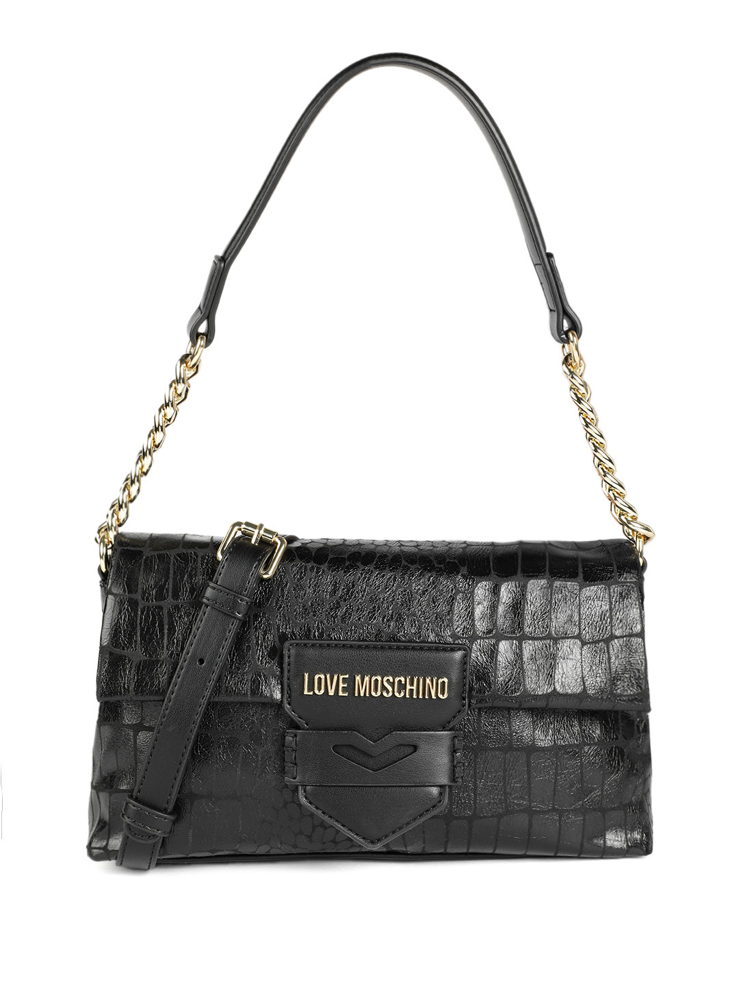 LOVE MOSCHINO Croc-Effect Textured Buckle Detail Shoulder Bag with Detachable Sling Strap