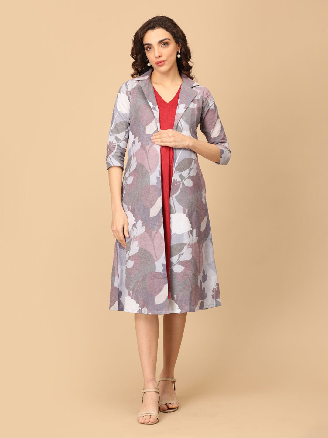 The Mom Store Women 1 Floral Print Maternity A-Line Midi Dress