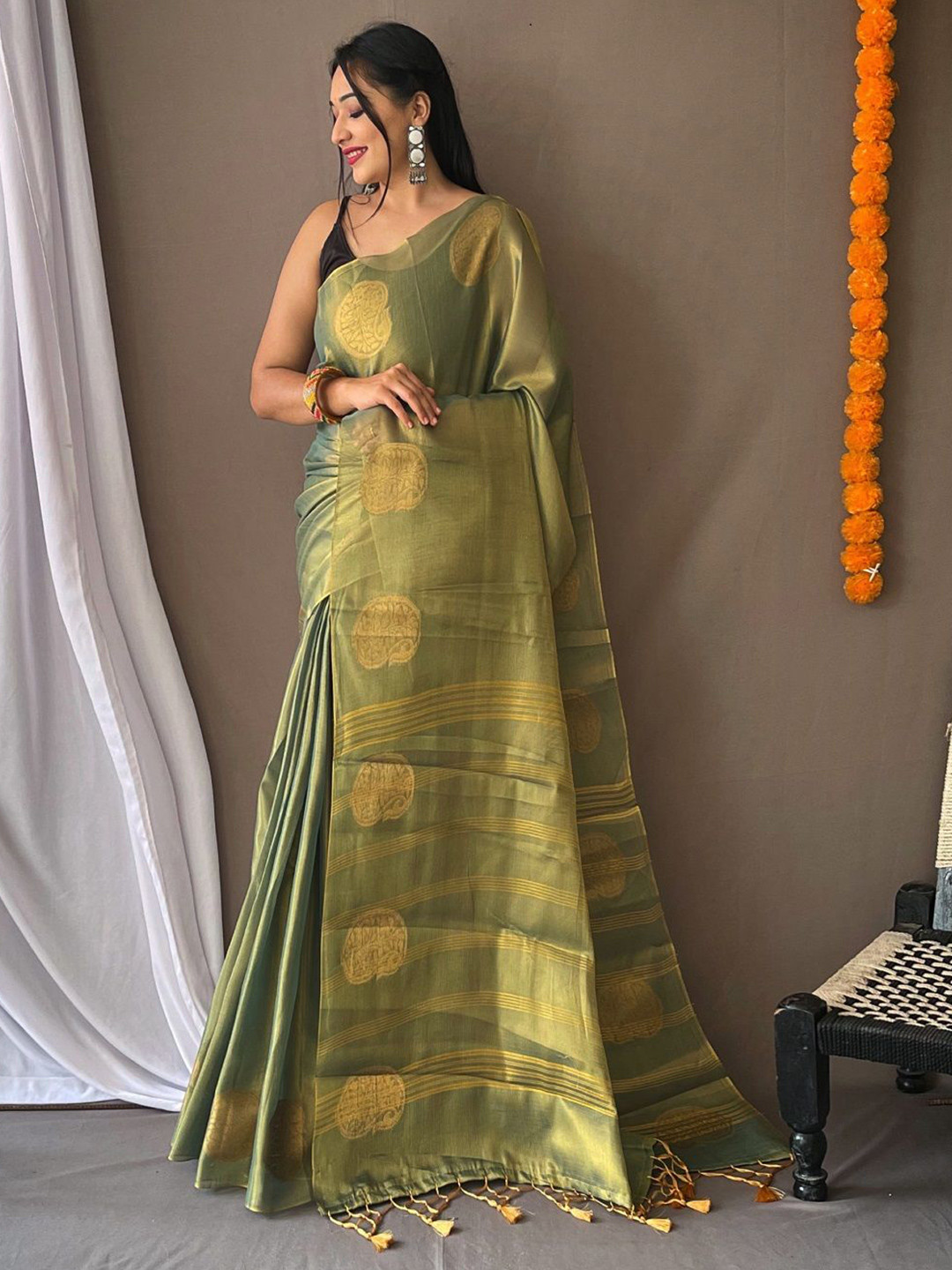 MORDEN MUSE Pure Tissue Silk Saree with Zari Weaving & Border Buttis