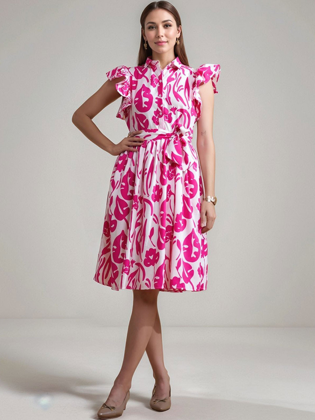 DressBerry Women Floral Printed Shirt Collar Party Fit and Flare Dress