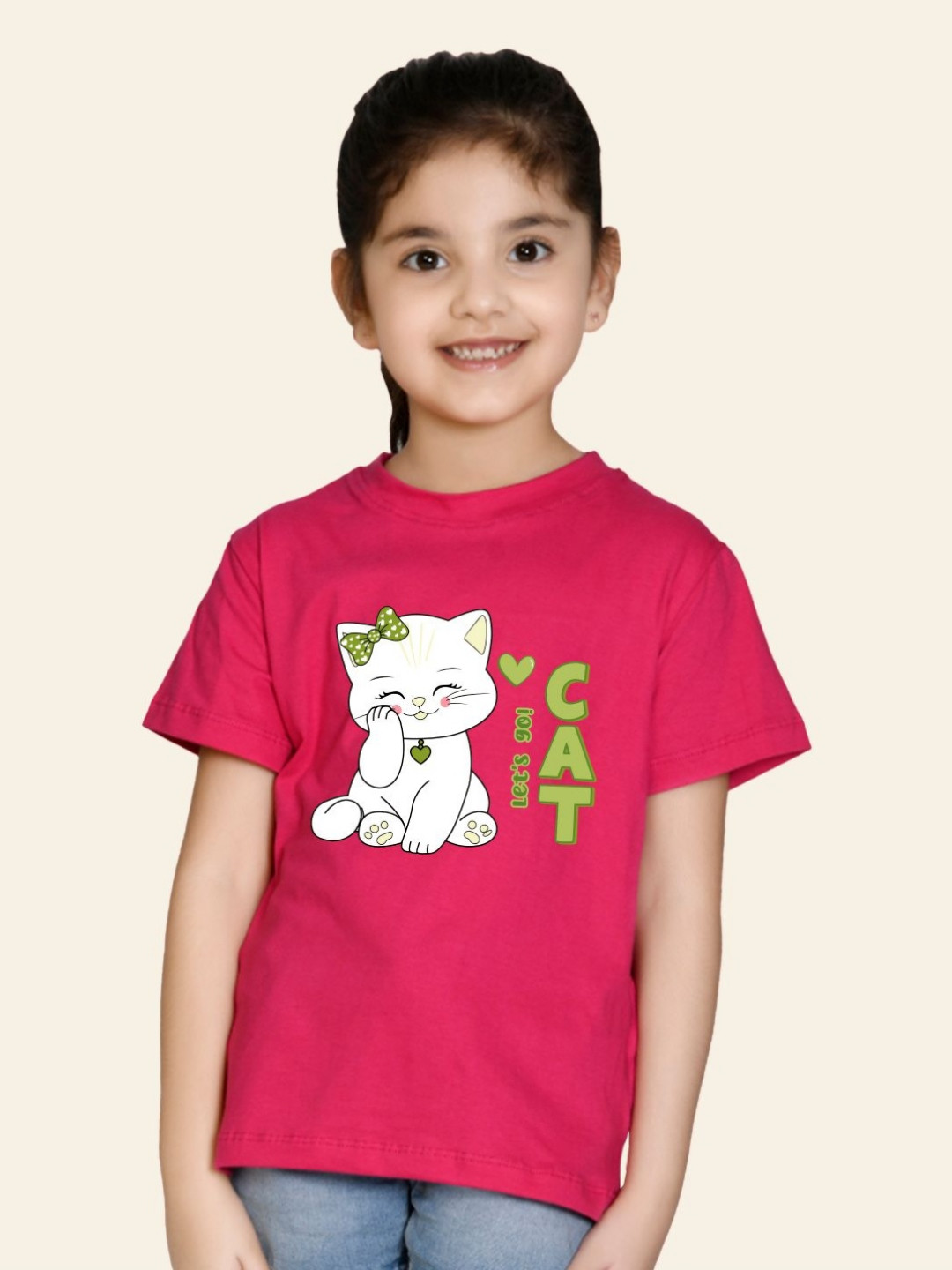 NUSYL Girls Animal Cat Printed Pack Of 3 Round Neck Cotton T-shirt