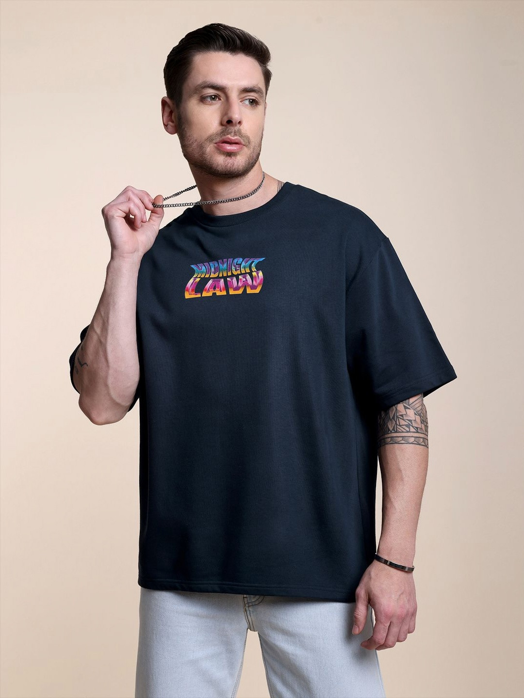 Midnight LAW Unisex Brand Logo Drop-Shoulder Sleeves Round Neck Cotton Oversized T-shirt