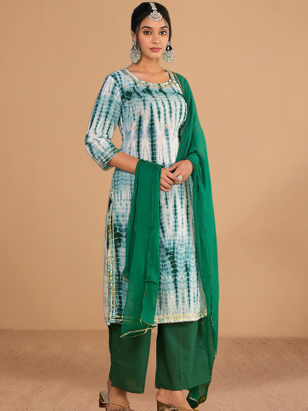 House of Pataudi Women Leheriya Printed Pure Cotton Knee Length Kurta Palazzo & Dupatta