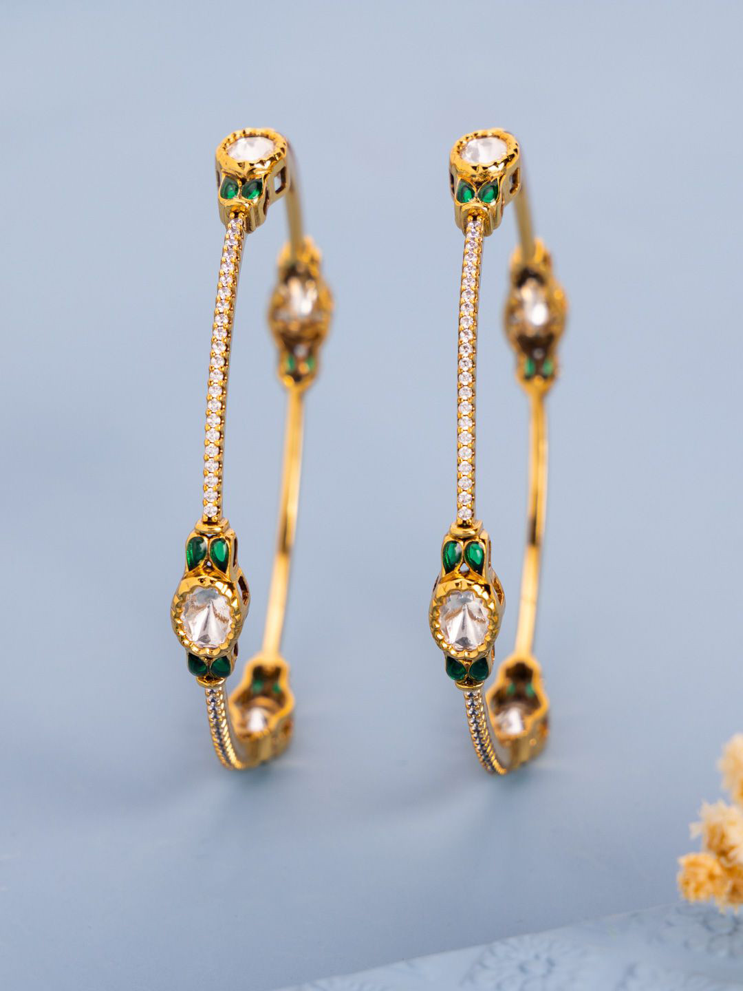 Kushal's Fashion Jewellery Set Of 2 Victorian-Plated Emerald & Kundan Studded Bangles