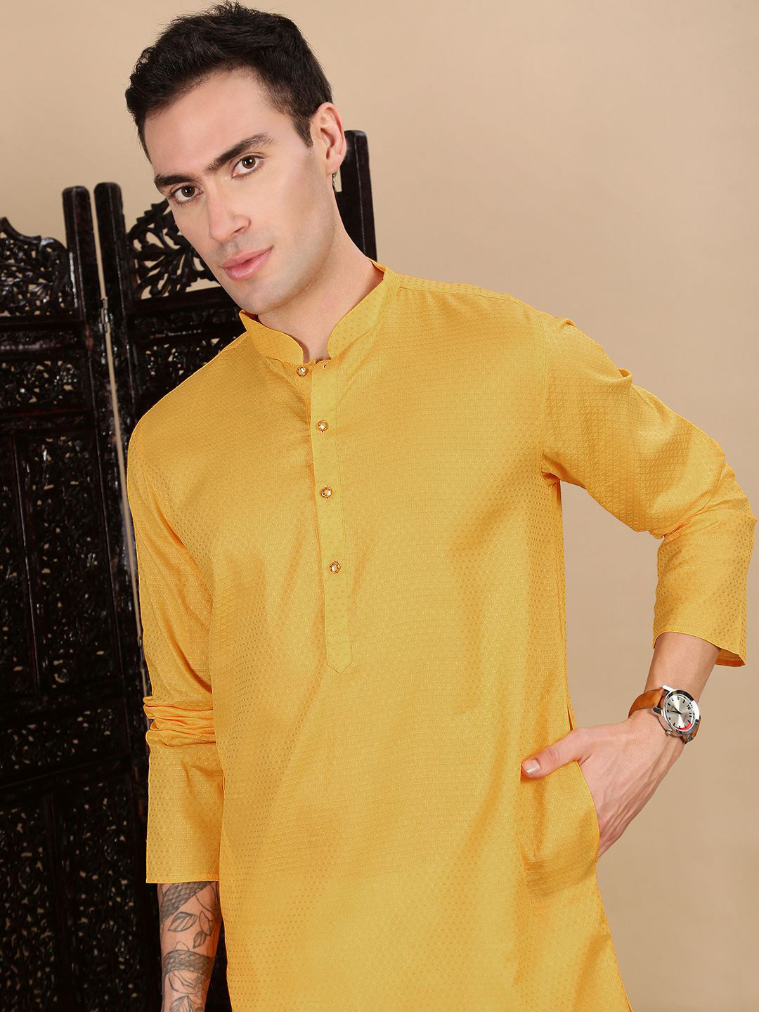 House of Pataudi Textured Pattern Cotton Straight Kurta
