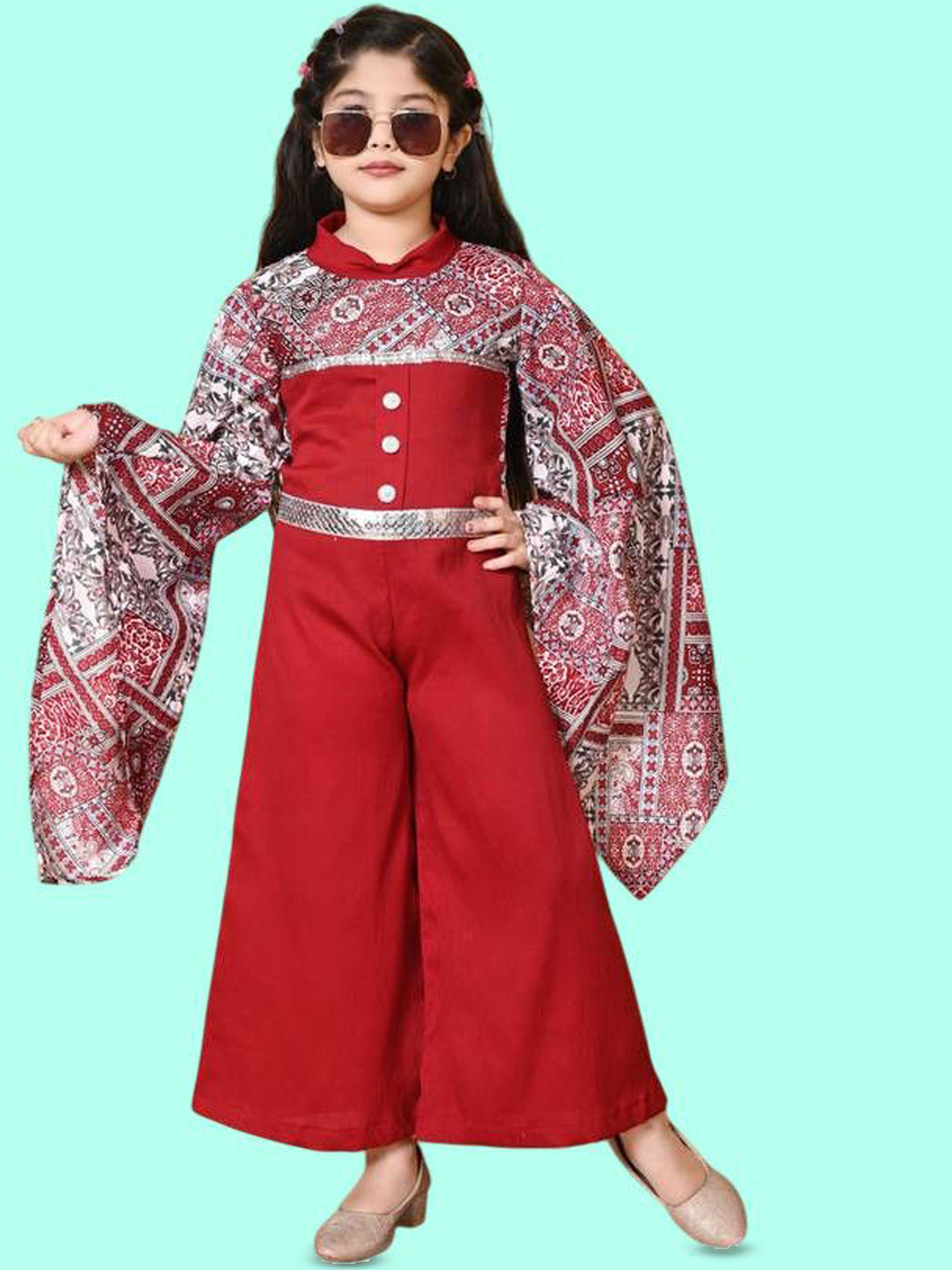 FASSY Girls Round Neck Embellished Printed Jumpsit