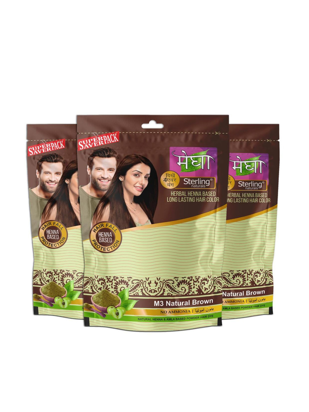 Sterling Naturals Women Set of 3 Megha Ammonia Free Hair Color Henna - Brown 45g Each