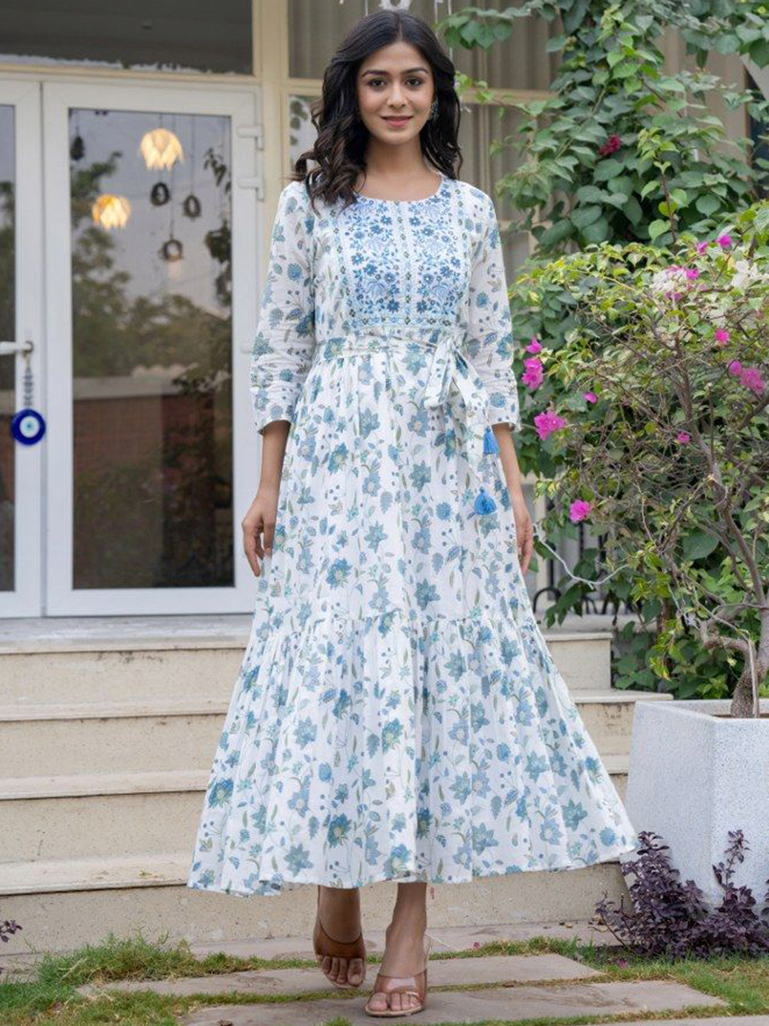 Jaipuri Adaah Embroidered  Printed Maxi Ethnic Dress