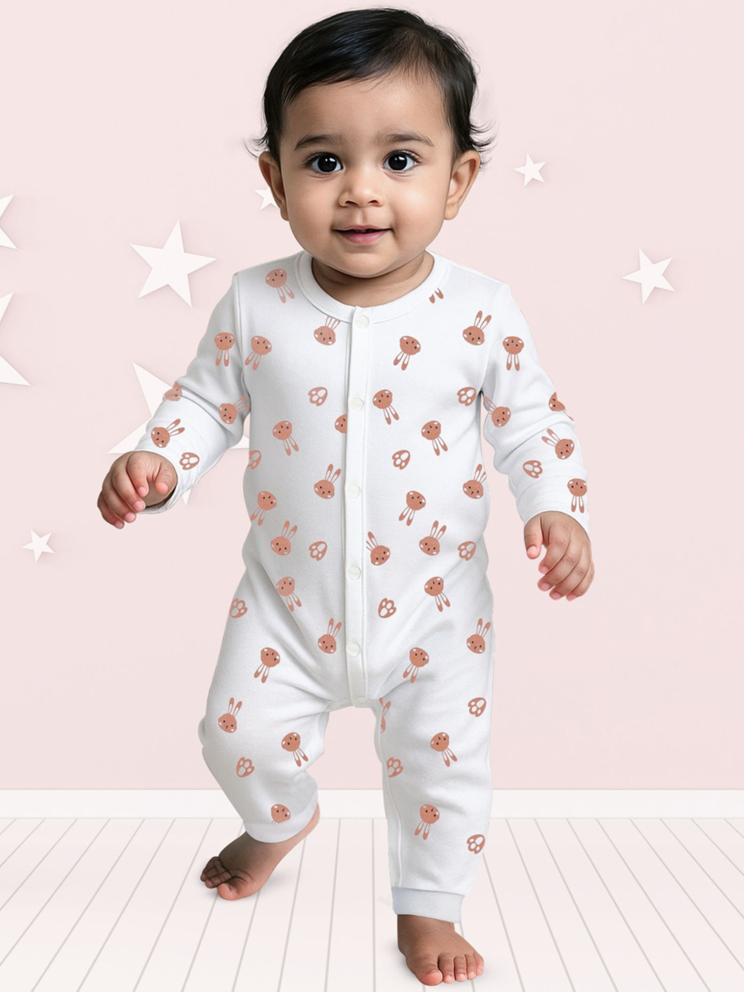 Nuego Infants Girls Animal Print Full Sleeve Pure Cotton Sleepsuits