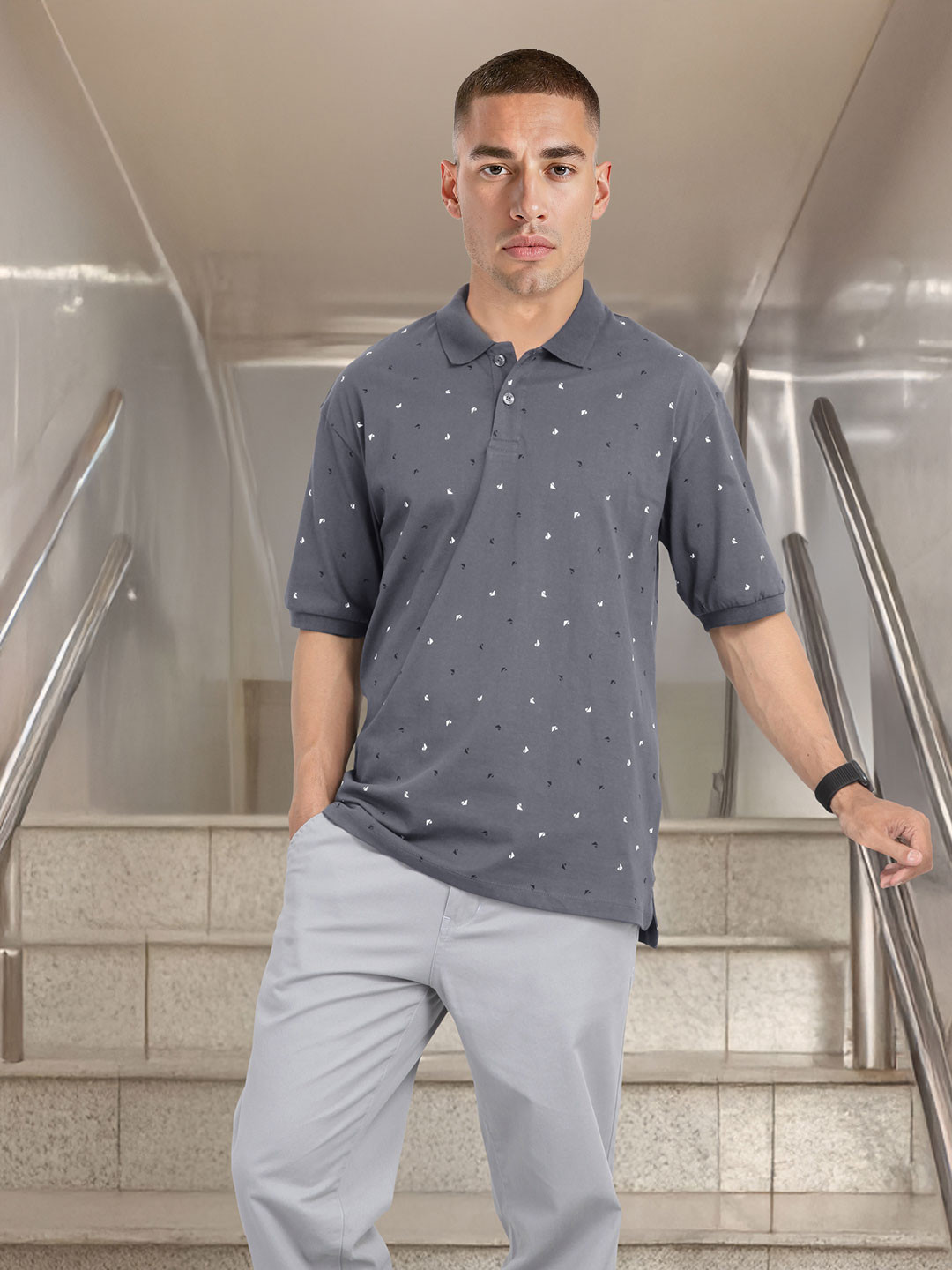 The Roadster Life Co. Nautical Print Pure Cotton Relaxed Fit Polo Collar T-shirt