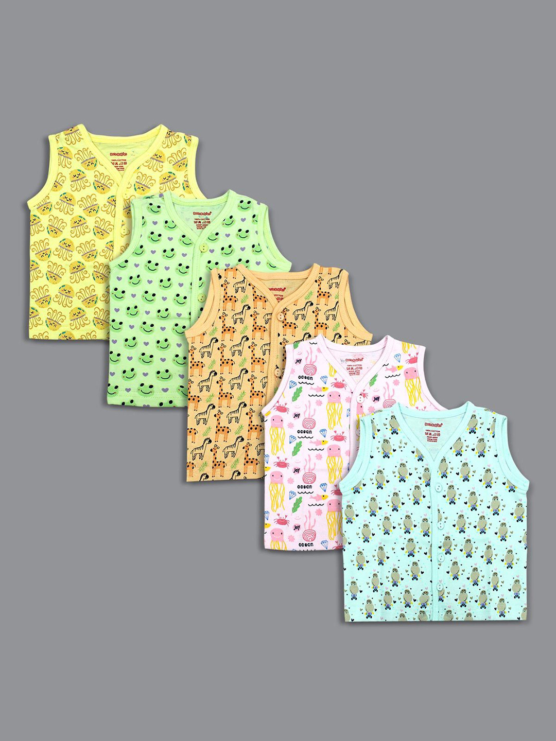 Born Babies Infants Pack Of 5 Printed Cotton Sleeveless Front Open Jhabla Vests CBPGOY