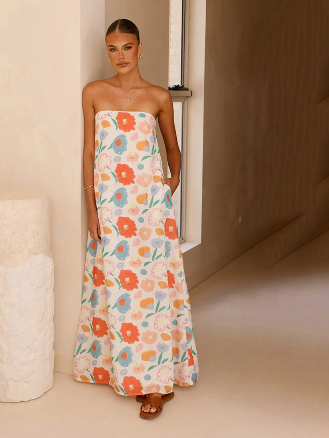 JC Mode Women Floral Printed Off-Shoulder Casual Maxi Dress