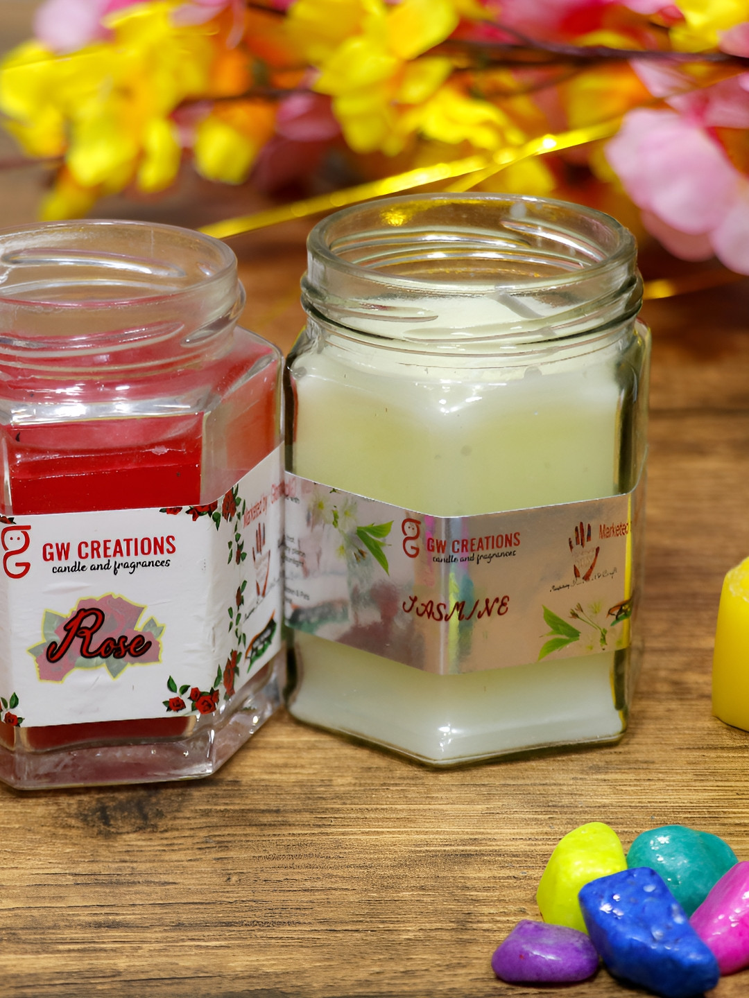 Aura Large Hexagon 2Pcs Scented 1 Wick Rose & Jasmin Solid Geometric Regular Jar Candles