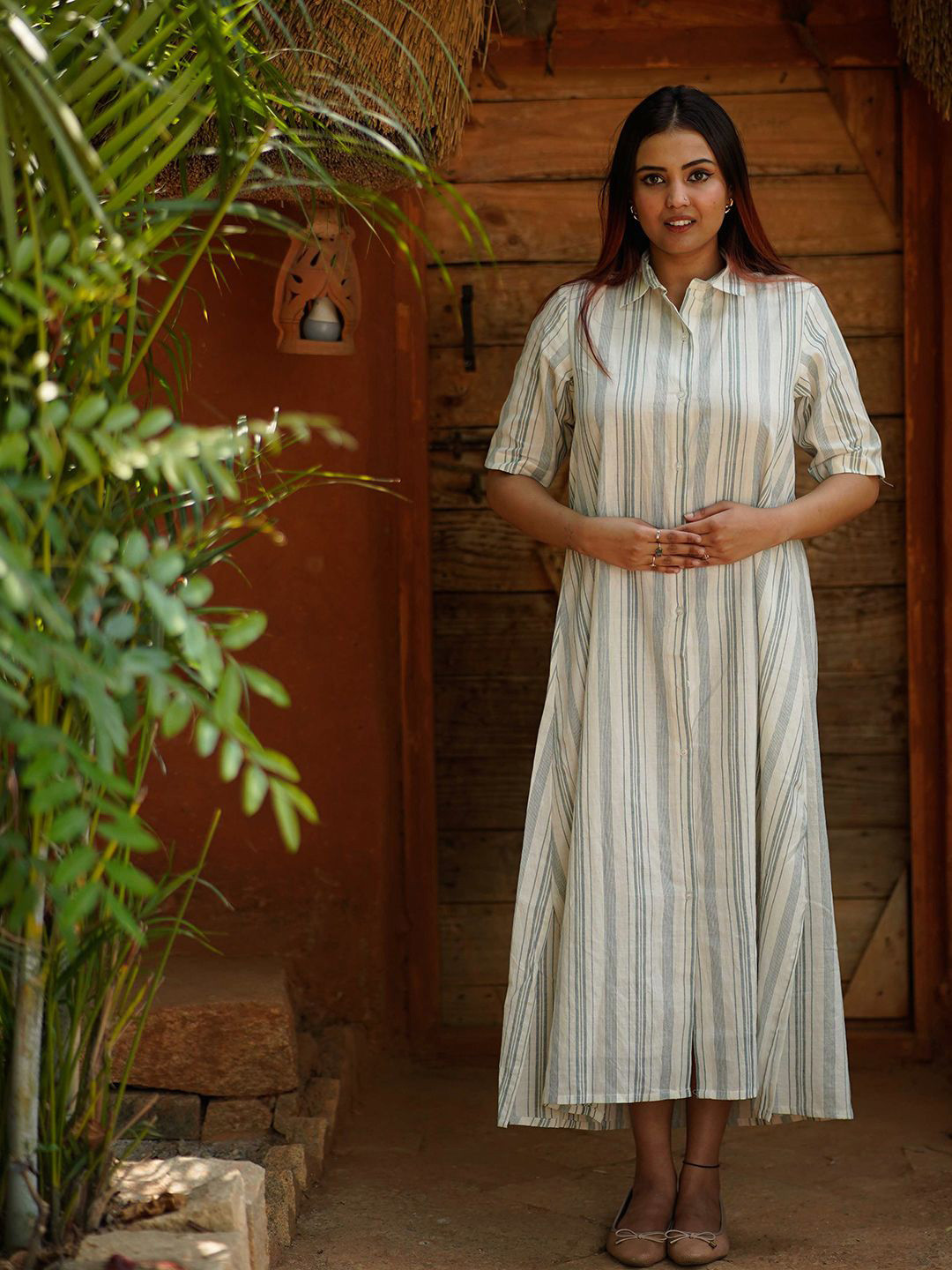 Weaves of Tradition Women Striped Cotton Shirt Midi Dress