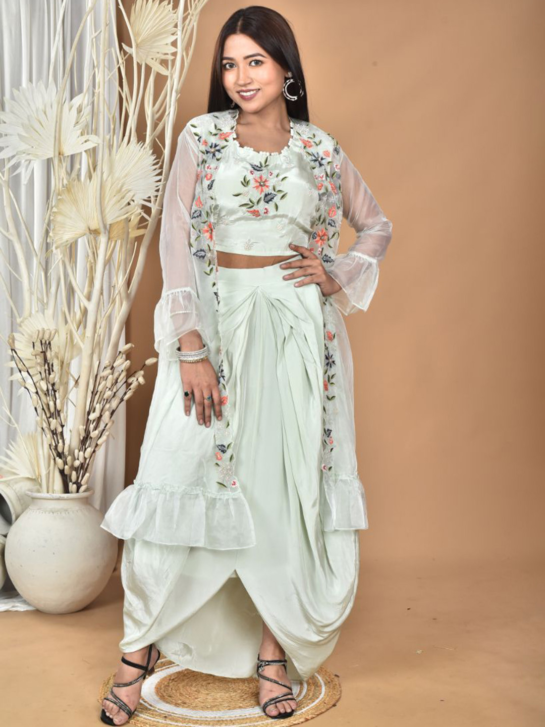 Morchari Hand Embroidered Round Neck Crop Top & Jacket With Skirt Co-Ords