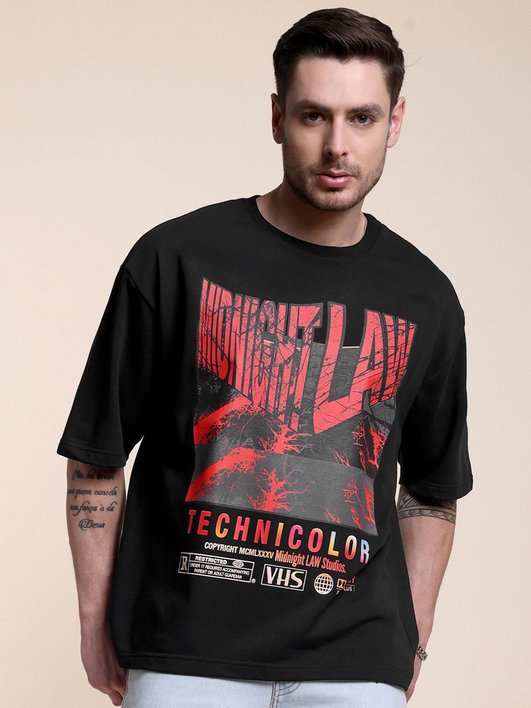 Midnight LAW Cinema Graphic Printed Round Neck Cotton Oversized T-shirt